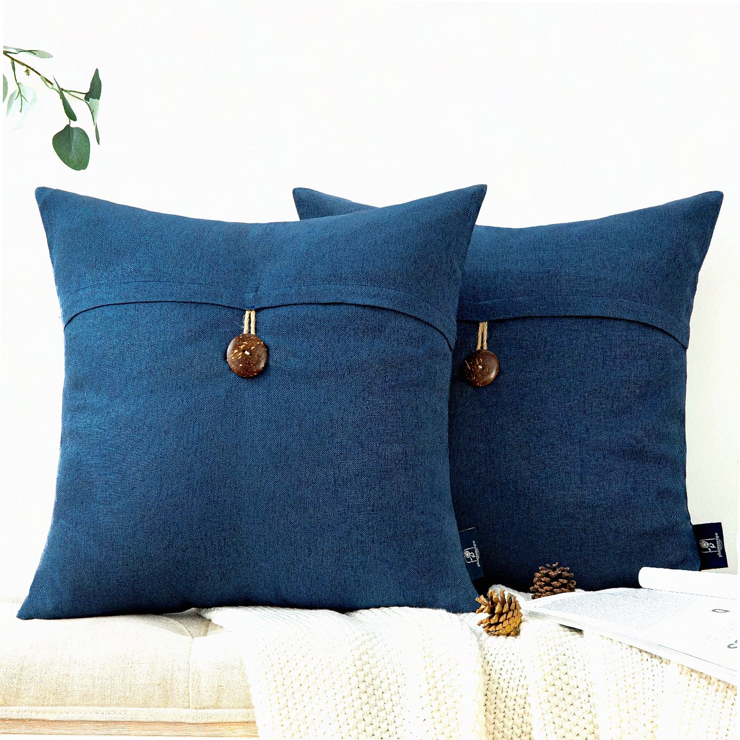 Vintage Linen Button Farmhouse Pillow Covers Set - Navy Blue Decorative Cushion Cases for Couch, Bed, Chair - 20x20 inches (Pack of 2)