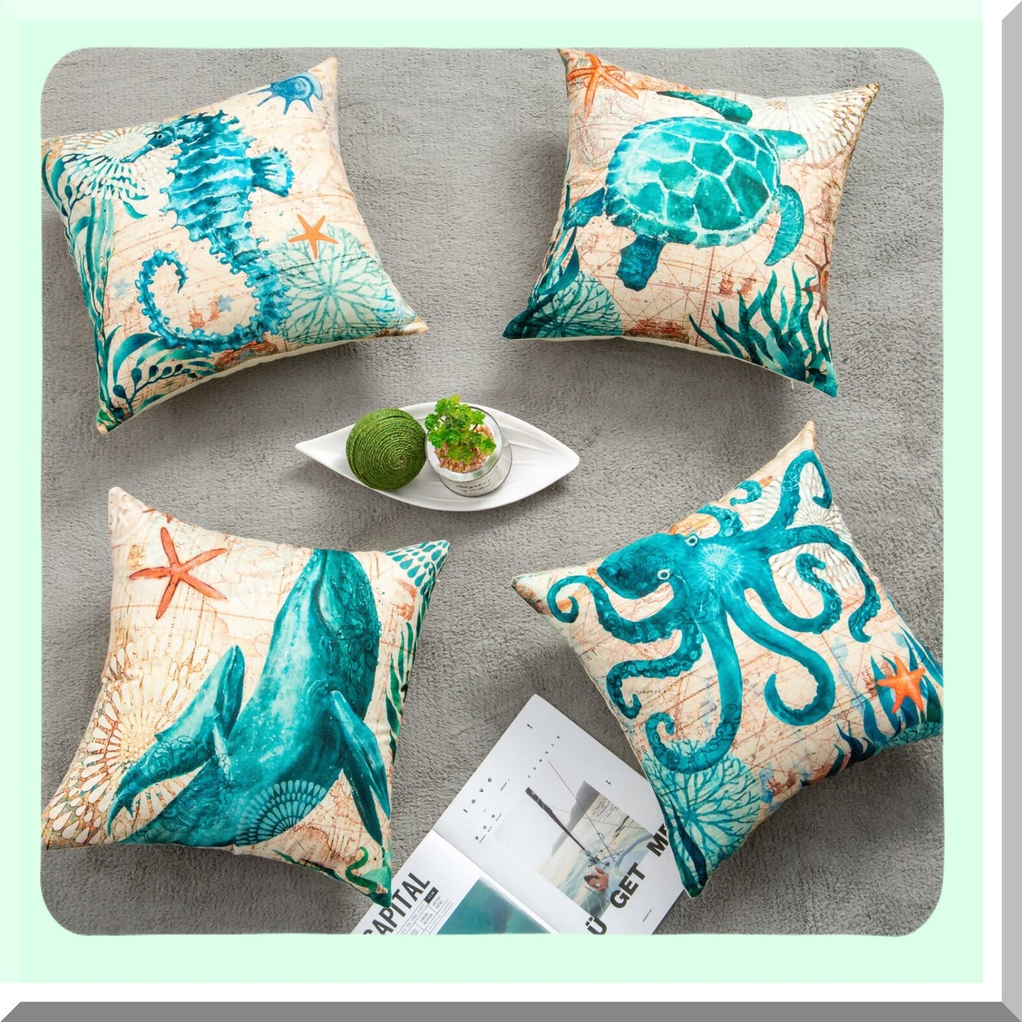 Ocean Breeze Pillow Cover Set - Coastal Decor Cushions 18x18in - Seashell Throw Covers for Couch, Sofa, Bed - Turtle Seahorse Whale Octopus Design - 4-Pack