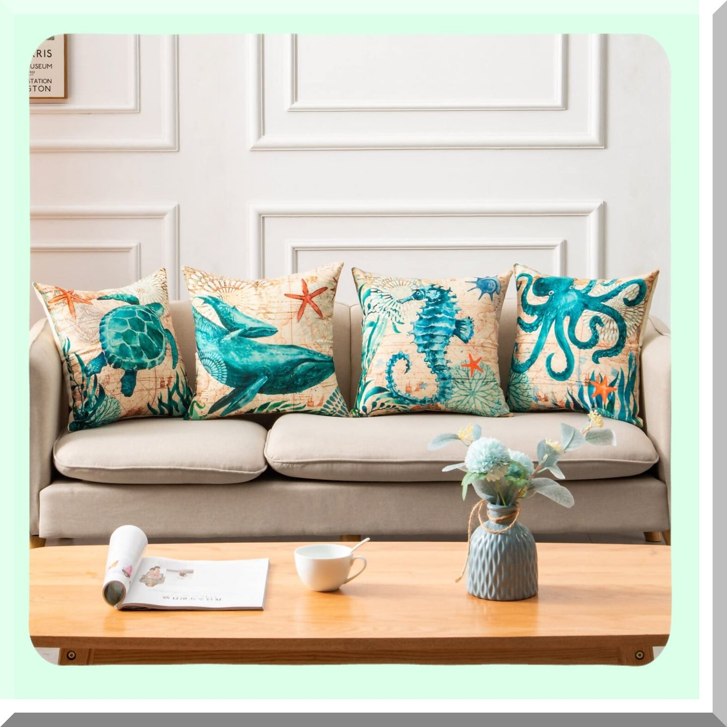 Ocean Breeze Pillow Cover Set - Coastal Decor Cushions 18x18in - Seashell Throw Covers for Couch, Sofa, Bed - Turtle Seahorse Whale Octopus Design - 4-Pack