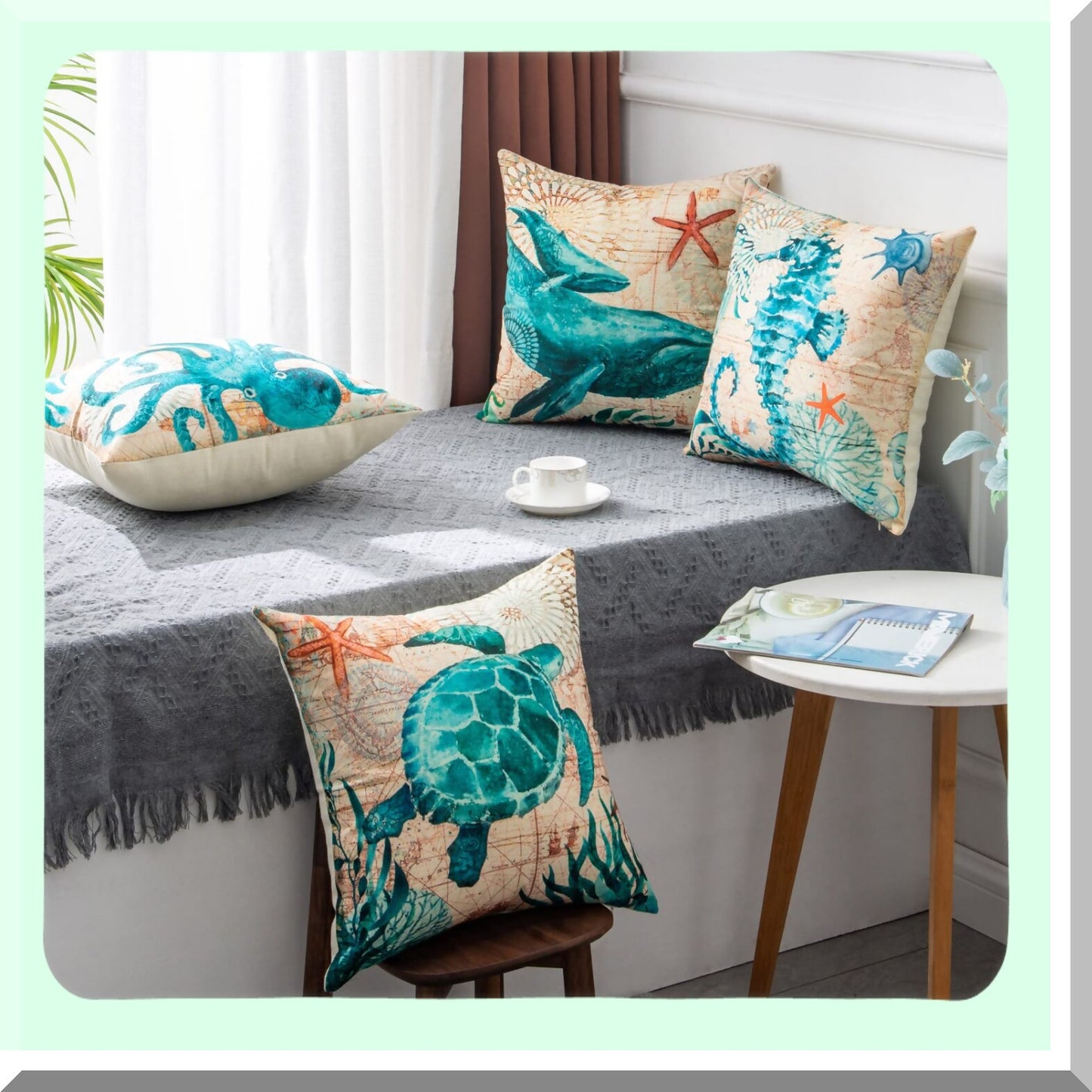 Ocean Breeze Pillow Cover Set - Coastal Decor Cushions 18x18in - Seashell Throw Covers for Couch, Sofa, Bed - Turtle Seahorse Whale Octopus Design - 4-Pack