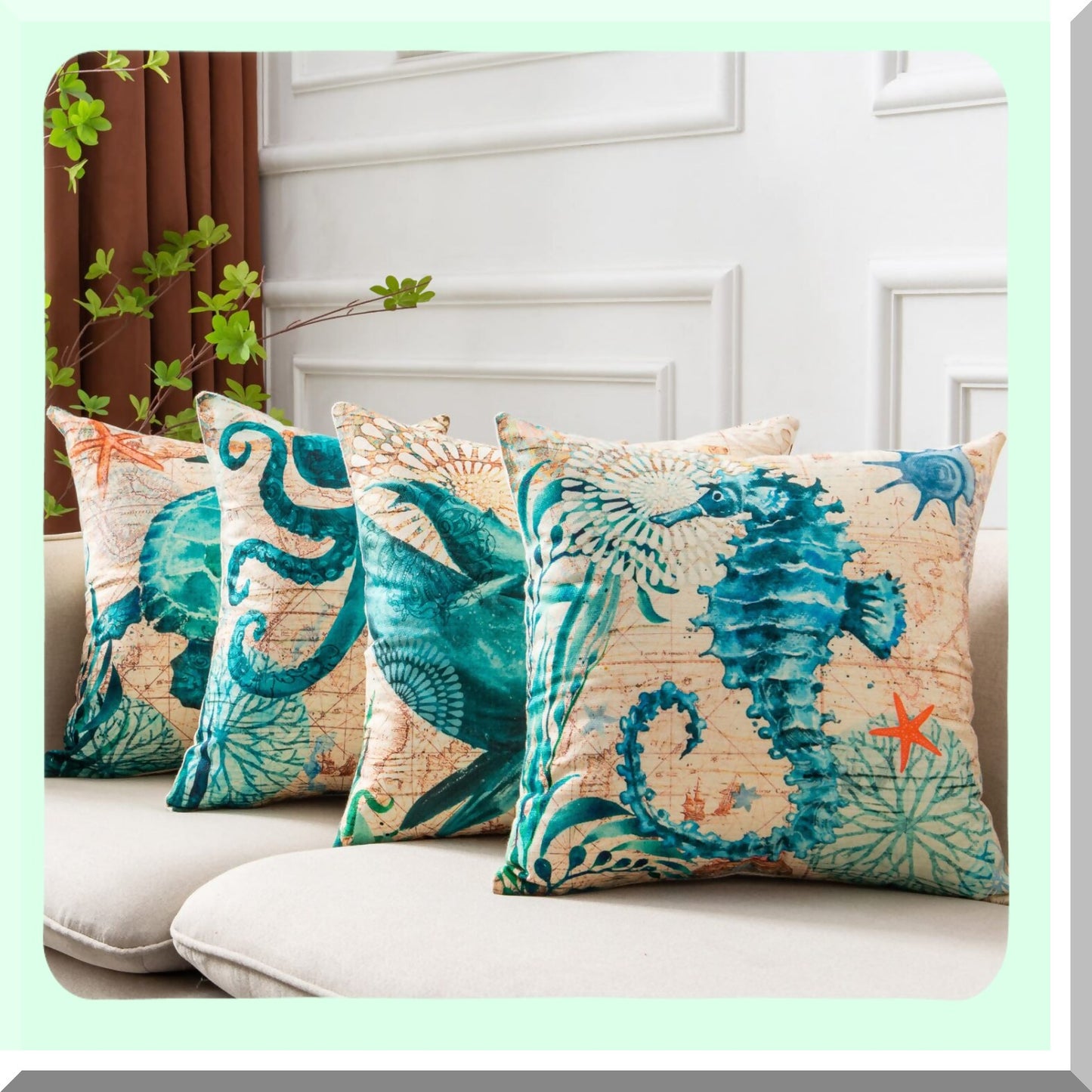 Ocean Breeze Pillow Cover Set - Coastal Decor Cushions 18x18in - Seashell Throw Covers for Couch, Sofa, Bed - Turtle Seahorse Whale Octopus Design - 4-Pack