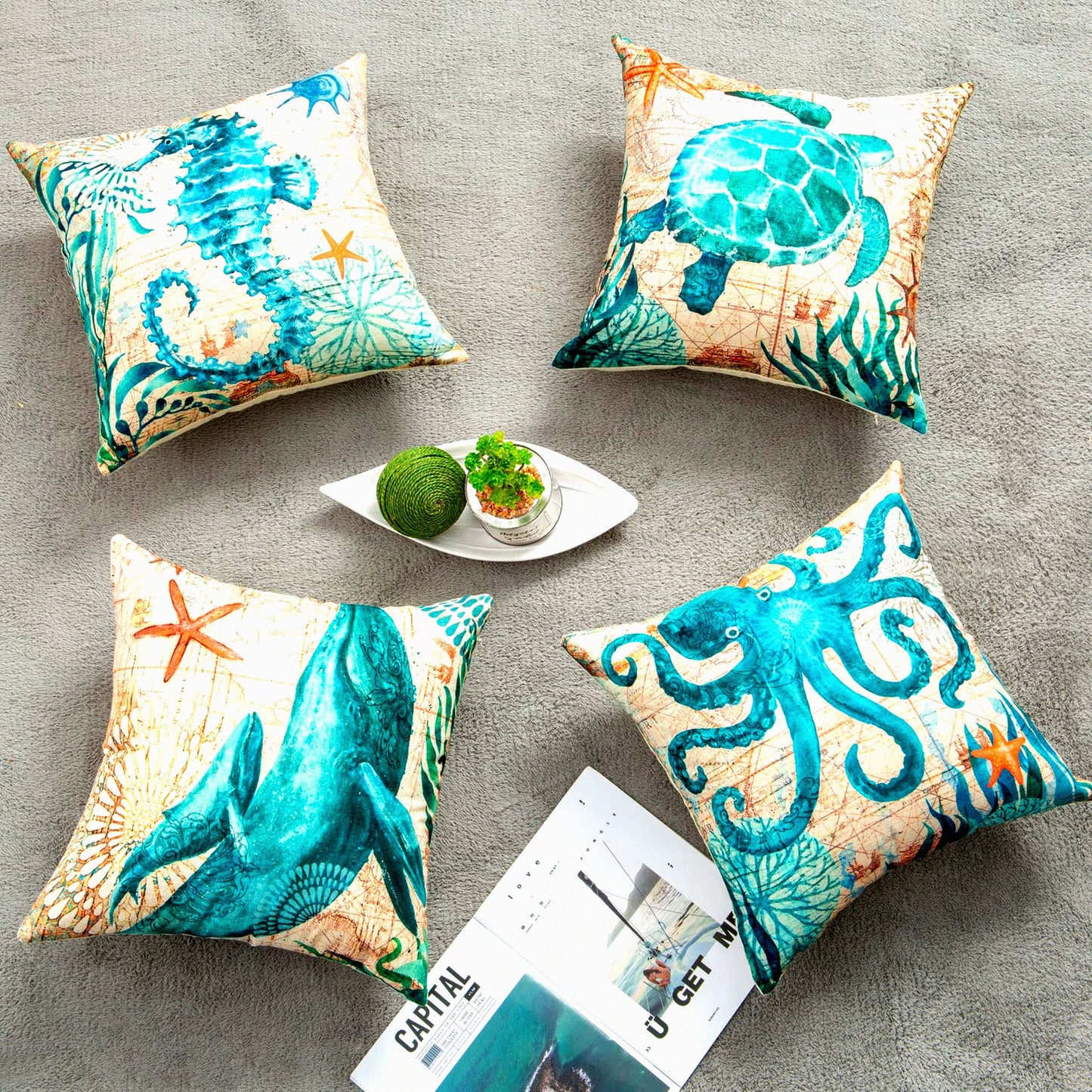 Ocean Breeze Pillow Cover Set - Coastal Decor Cushions 18x18in - Seashell Throw Covers for Couch, Sofa, Bed - Turtle Seahorse Whale Octopus Design - 4-Pack