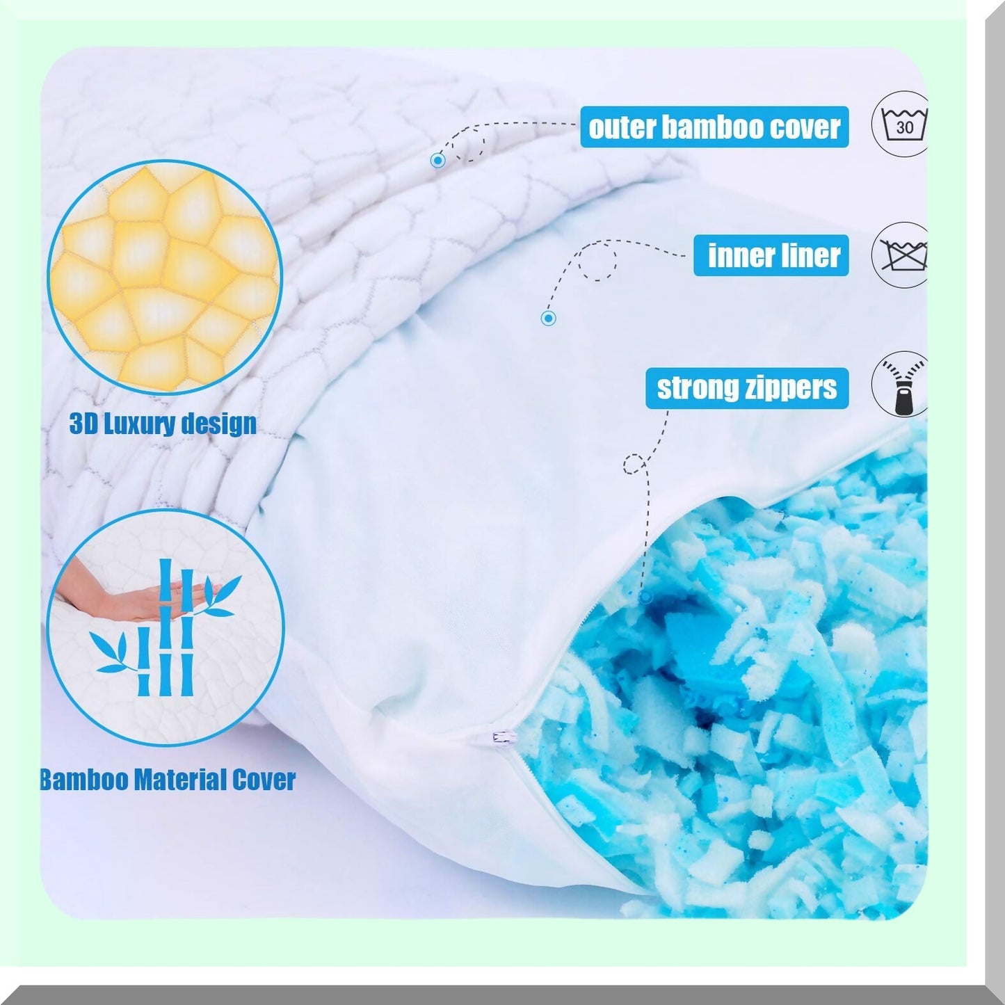 CoolBamboo Gel Memory Foam Pillow Set - Adjustable Cooling Bed Pillows for Side, Back, Stomach Sleepers - Luxury Queen Size 2 Pack with Washable Cover