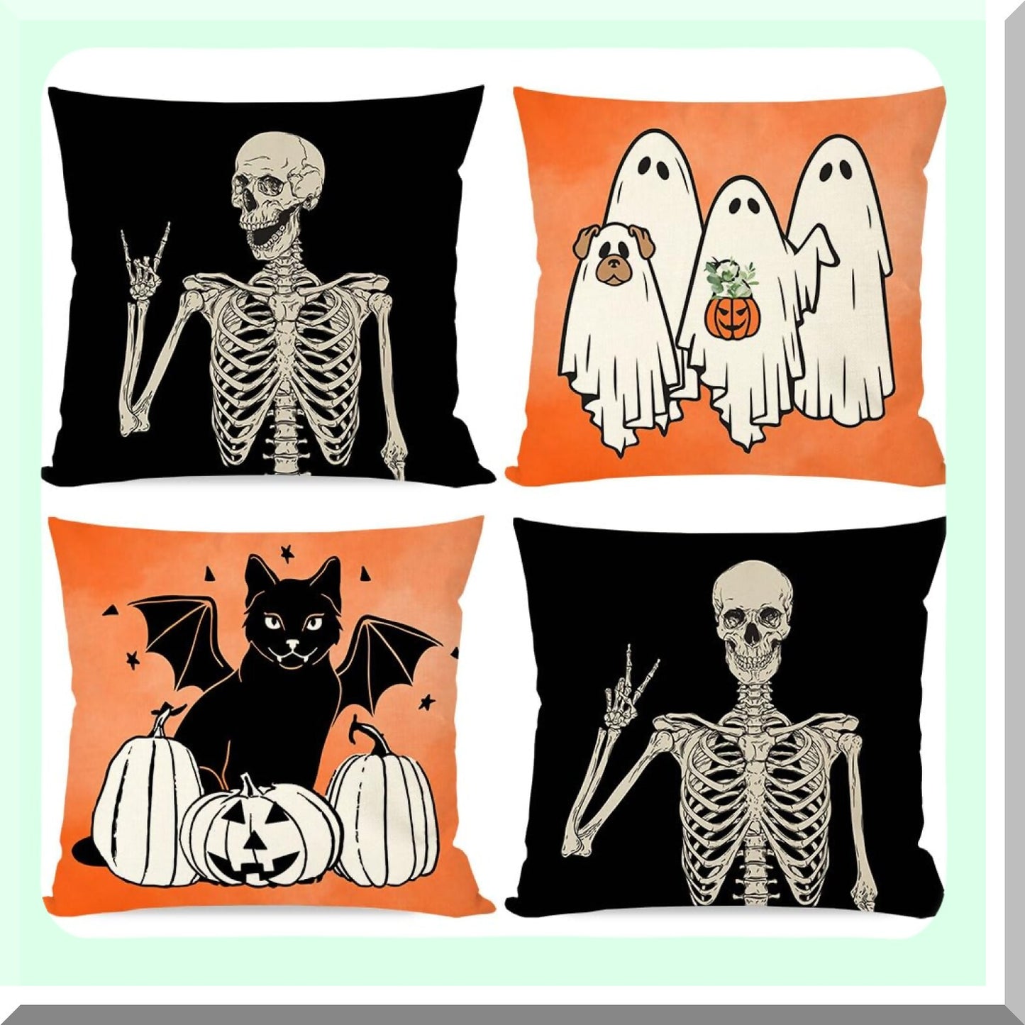 Spooky Fall Pillow Covers Set - Black Cat Skeleton Dog Ghost Decorative Throw Cases 18x18 - Outdoor Couch Porch Halloween Decorations