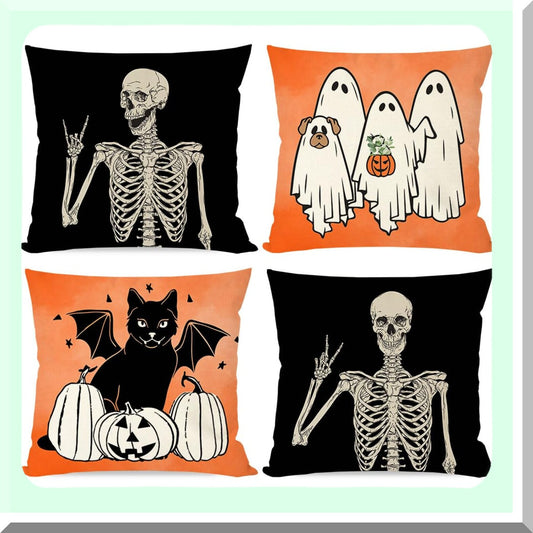 Spooky Fall Pillow Covers Set - Black Cat Skeleton Dog Ghost Decorative Throw Cases 18x18 - Outdoor Couch Porch Halloween Decorations