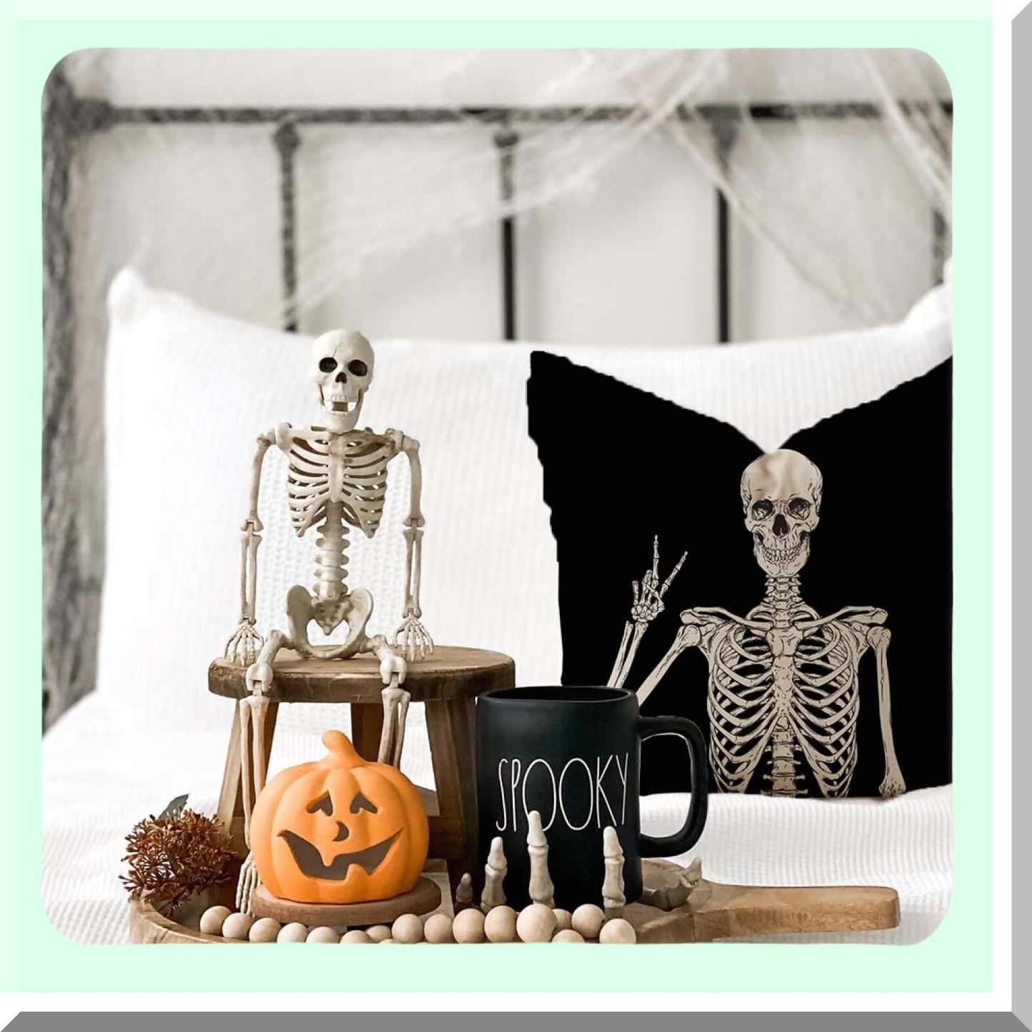 Spooky Fall Pillow Covers Set - Black Cat Skeleton Dog Ghost Decorative Throw Cases 18x18 - Outdoor Couch Porch Halloween Decorations