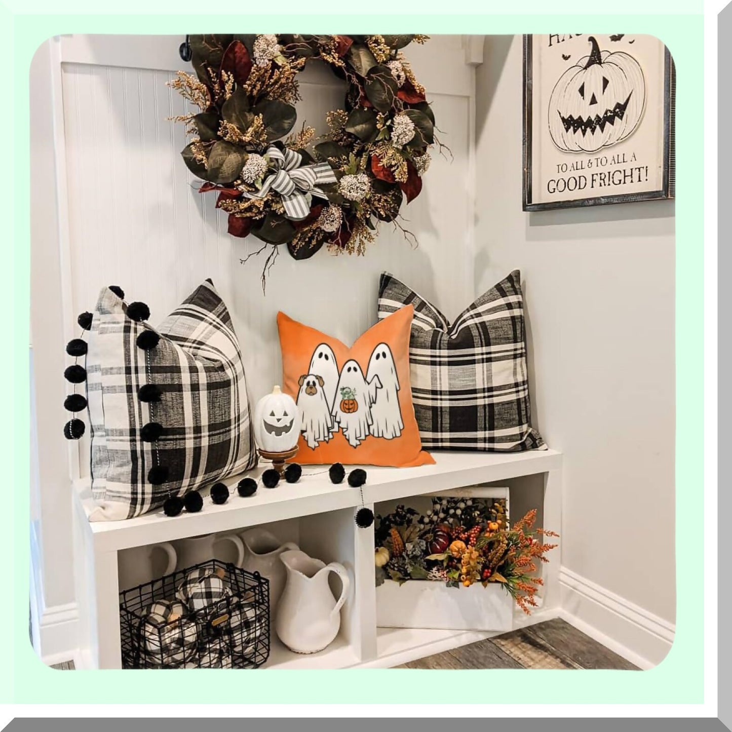 Spooky Fall Pillow Covers Set - Black Cat Skeleton Dog Ghost Decorative Throw Cases 18x18 - Outdoor Couch Porch Halloween Decorations