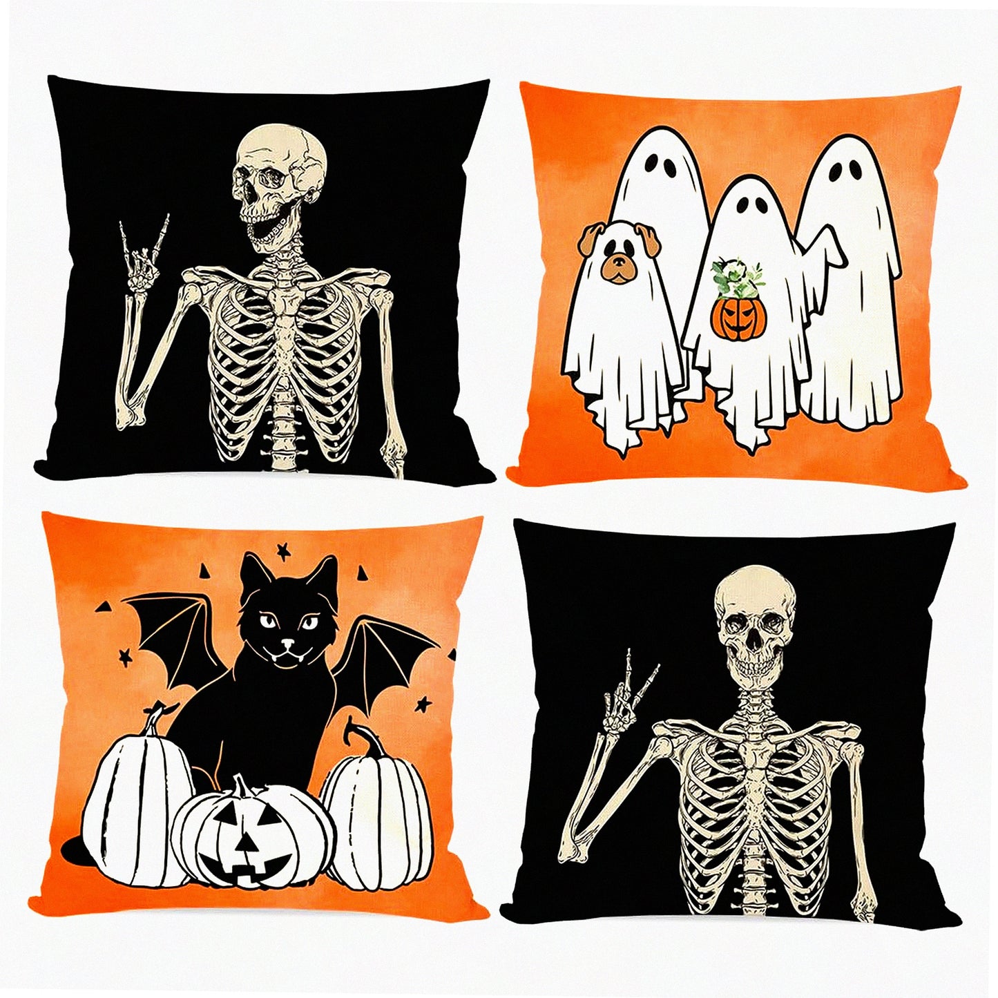 Spooky Fall Pillow Covers Set - Black Cat Skeleton Dog Ghost Decorative Throw Cases 18x18 - Outdoor Couch Porch Halloween Decorations