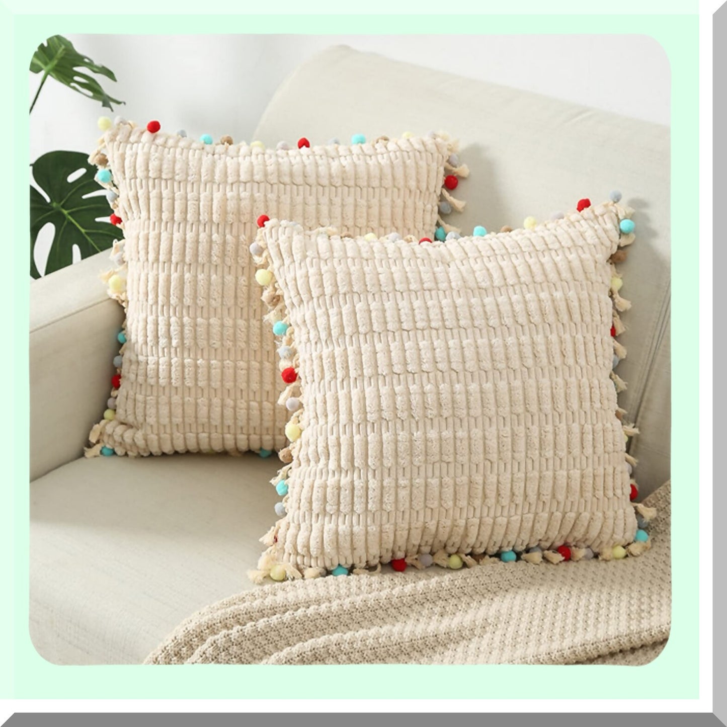 Pom-Pom Velvet Farmhouse Boho Pillow Covers - Soft Decorative Cushion Cases for Couch Bed Sofa Living Room - Cute Girls Decor Pack of 2 - Cuddle 20x20