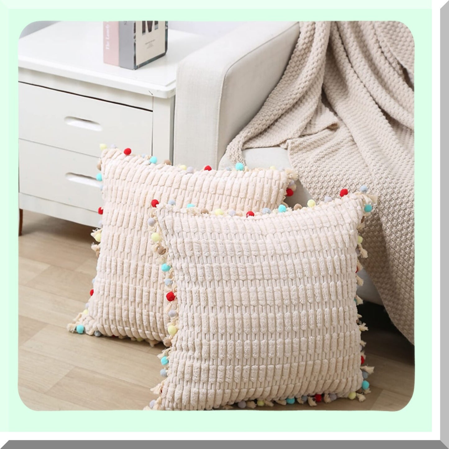 Pom-Pom Velvet Farmhouse Boho Pillow Covers - Soft Decorative Cushion Cases for Couch Bed Sofa Living Room - Cute Girls Decor Pack of 2 - Cuddle 20x20