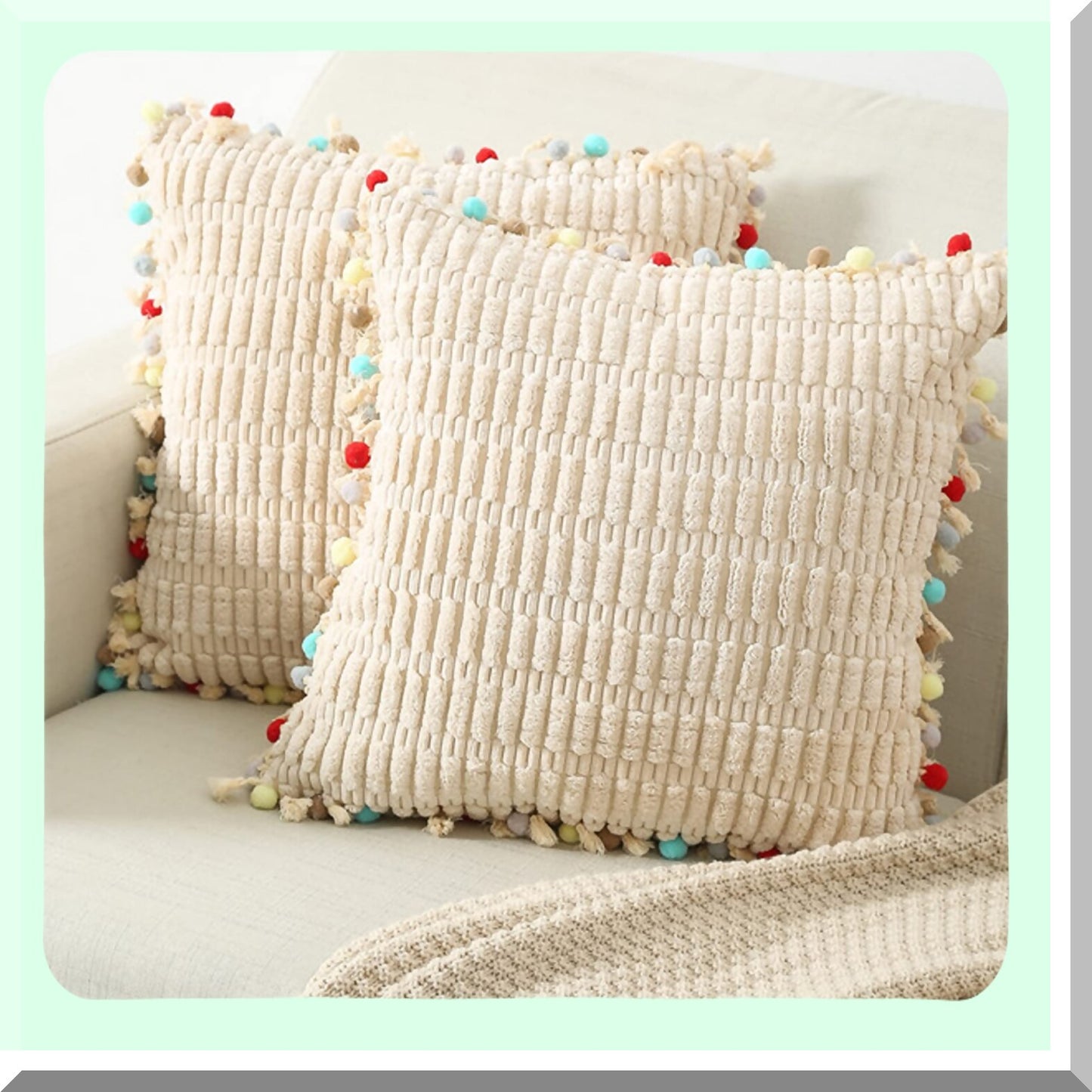 Pom-Pom Velvet Farmhouse Boho Pillow Covers - Soft Decorative Cushion Cases for Couch Bed Sofa Living Room - Cute Girls Decor Pack of 2 - Cuddle 20x20