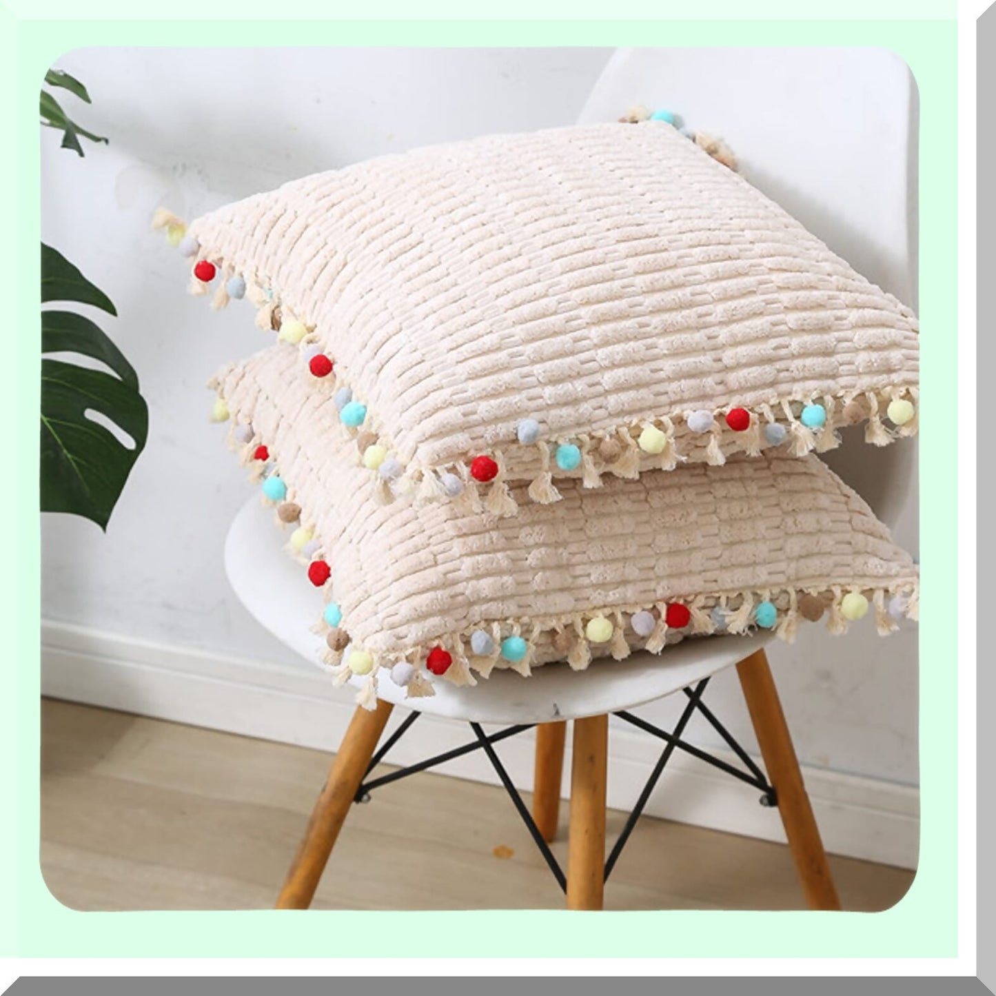 Pom-Pom Velvet Farmhouse Boho Pillow Covers - Soft Decorative Cushion Cases for Couch Bed Sofa Living Room - Cute Girls Decor Pack of 2 - Cuddle 20x20