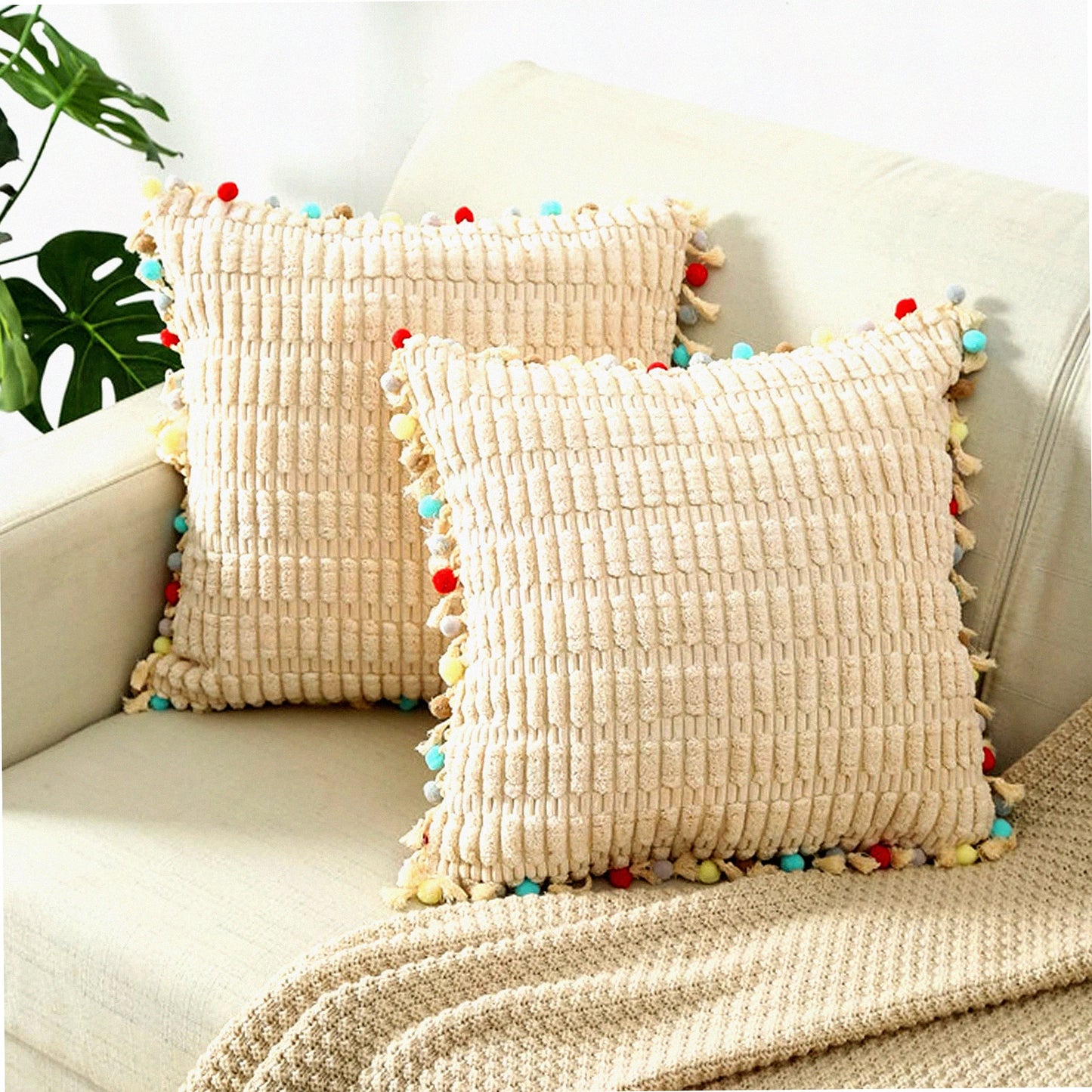 Pom-Pom Velvet Farmhouse Boho Pillow Covers - Soft Decorative Cushion Cases for Couch Bed Sofa Living Room - Cute Girls Decor Pack of 2 - Cuddle 20x20