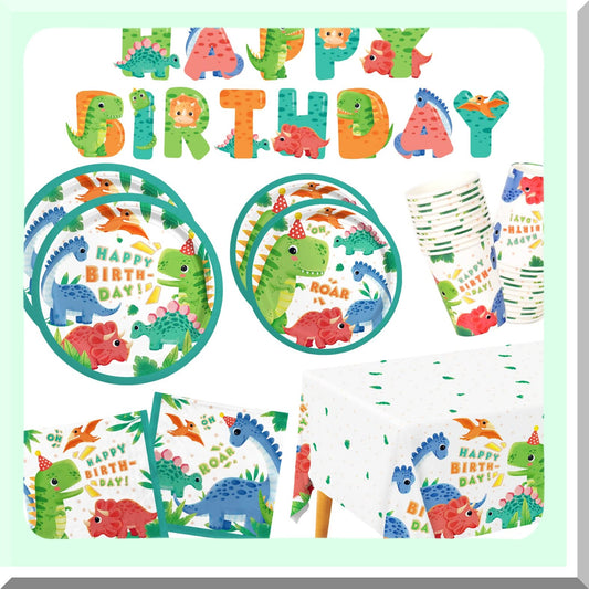 Dino Bash Party Pack - Plates, Napkins, Cups, Tablecloth & Banner Set for 25 Guests - Dinosaur Themed Birthday Party Supplies & Decorations