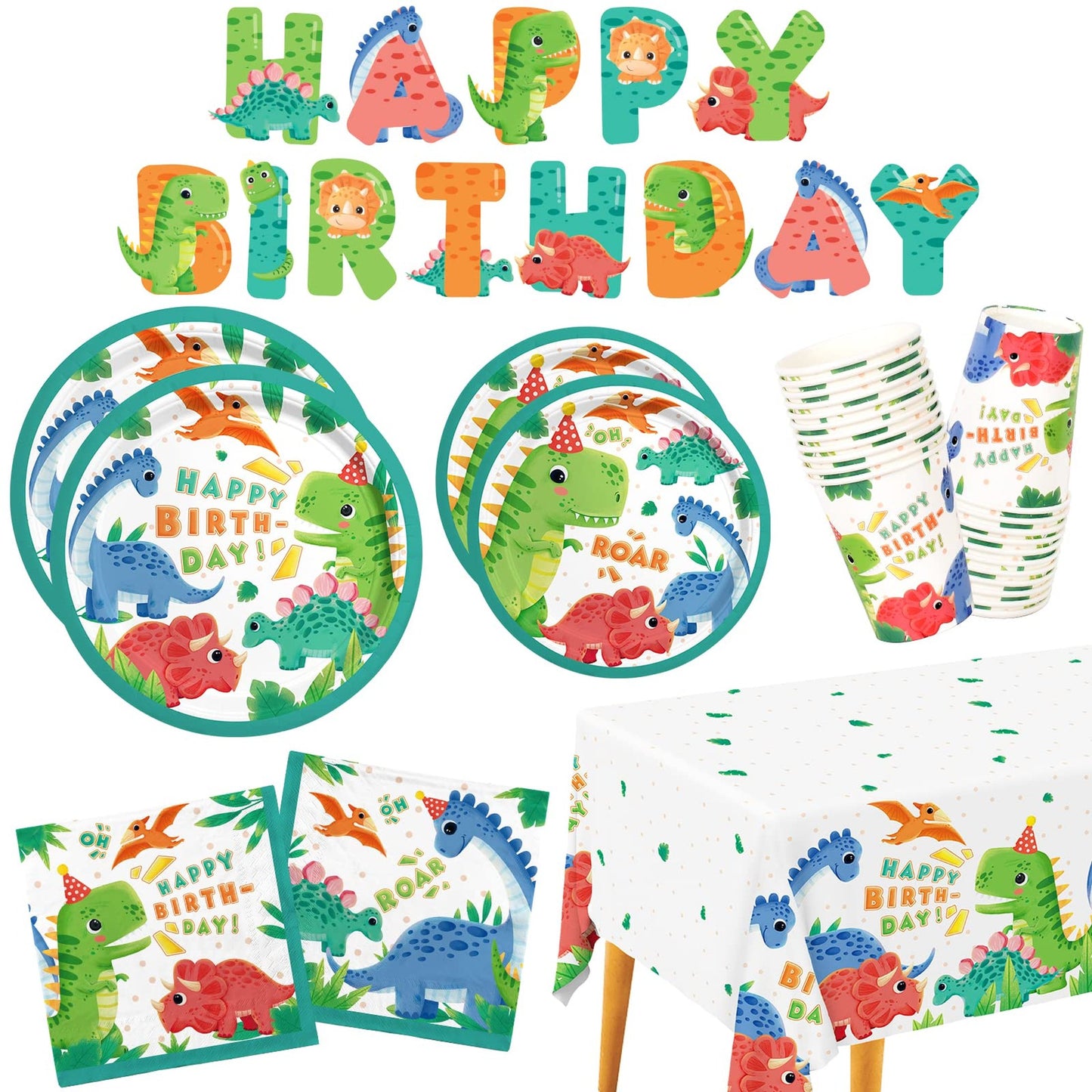 Dino Bash Party Pack - Plates, Napkins, Cups, Tablecloth & Banner Set for 25 Guests - Dinosaur Themed Birthday Party Supplies & Decorations