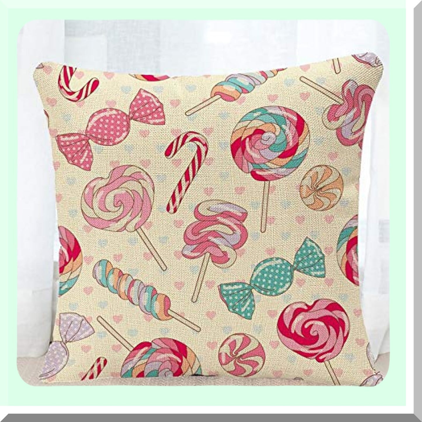 Yummy Lollipop Party Pillow Covers - Colorful Sweet Candy Cane Hearts Decorative Case for Home Decor - 18x18 Inches Pillowcase in Pink & Yellow Red