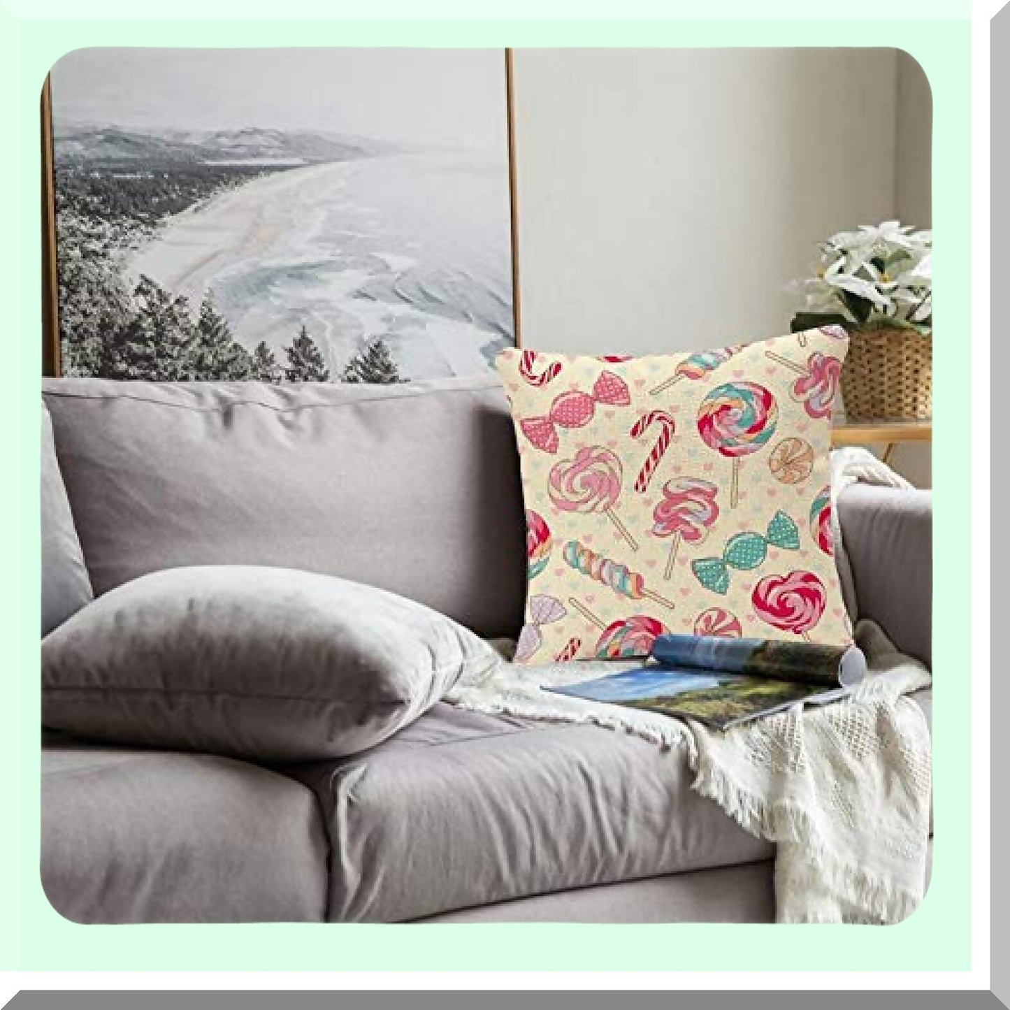 Yummy Lollipop Party Pillow Covers - Colorful Sweet Candy Cane Hearts Decorative Case for Home Decor - 18x18 Inches Pillowcase in Pink & Yellow Red