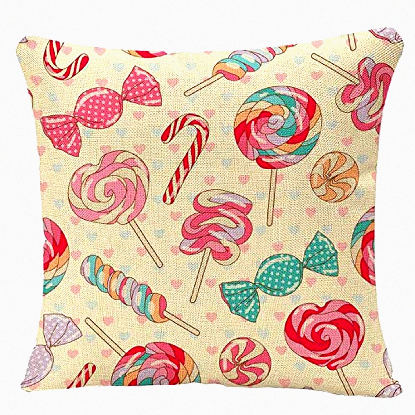 Yummy Lollipop Party Pillow Covers - Colorful Sweet Candy Cane Hearts Decorative Case for Home Decor - 18x18 Inches Pillowcase in Pink & Yellow Red