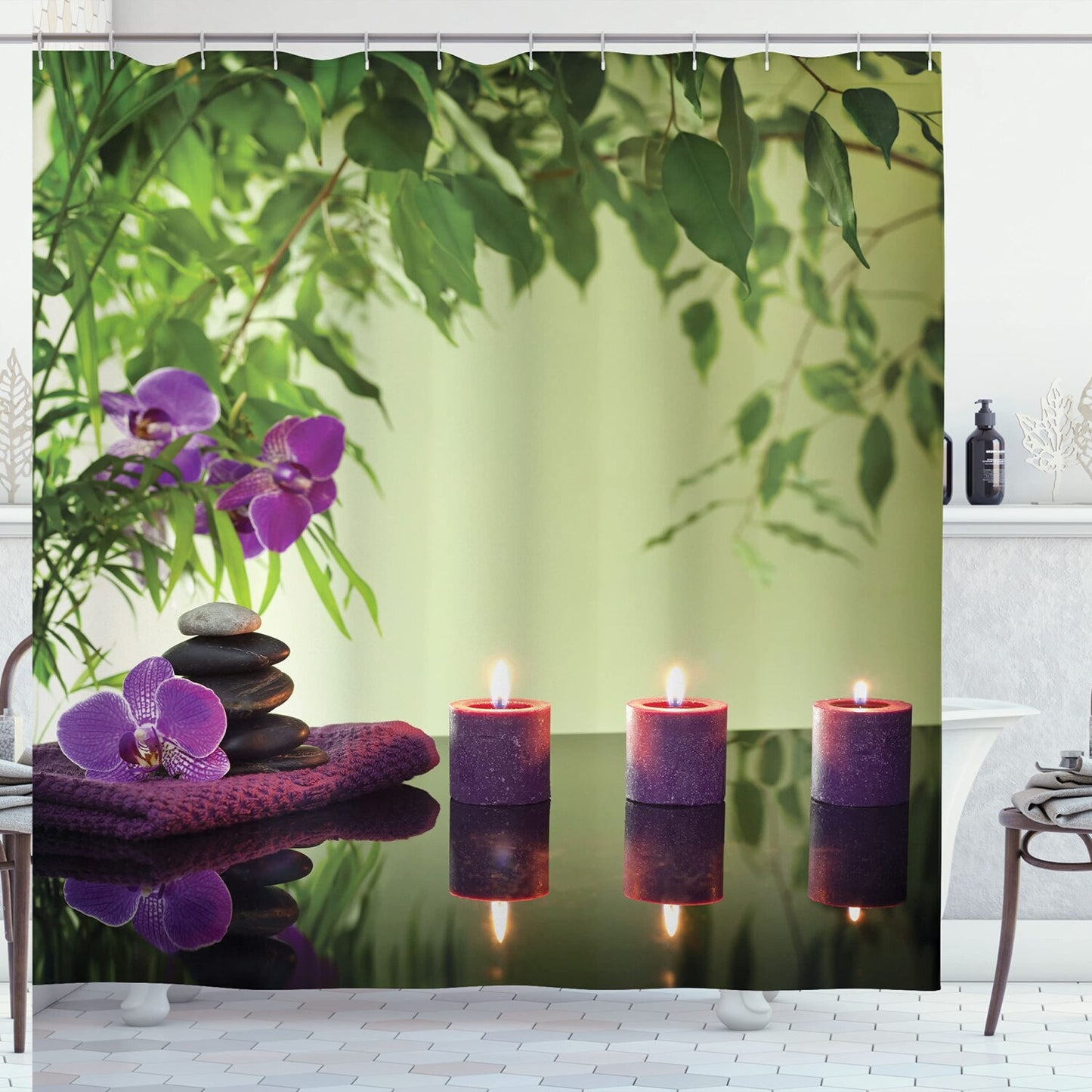 Spa Shower Curtain Set with Hooks 69x75 Green Purple