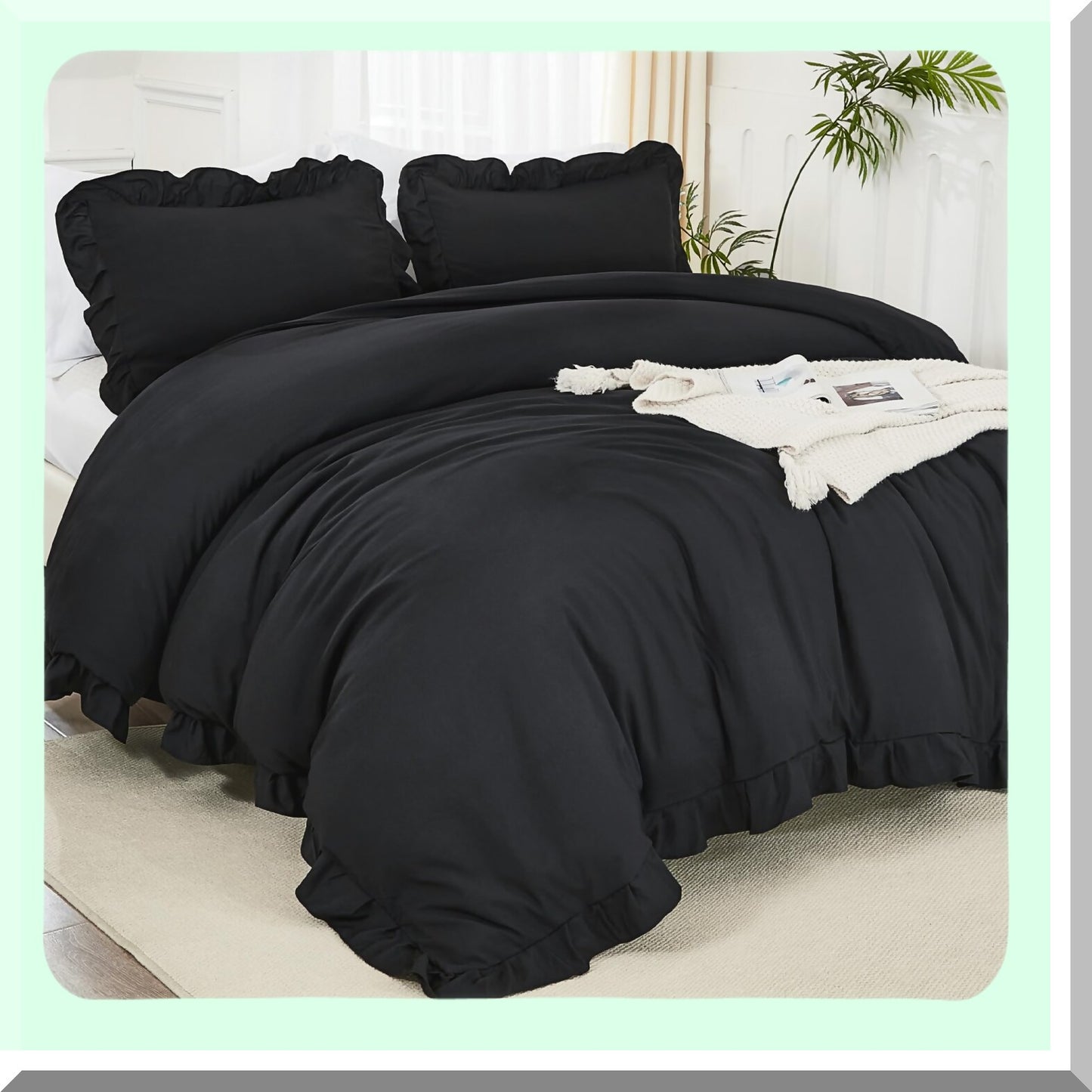 Ruffle Black Farmhouse Comforter Set - Soft Lightweight Fluffy Bedding Set - All Season Microfiber Bed Set - 3 Piece Aesthetic Bed Set - 104x90In Comforter - 2 Pillowcases
