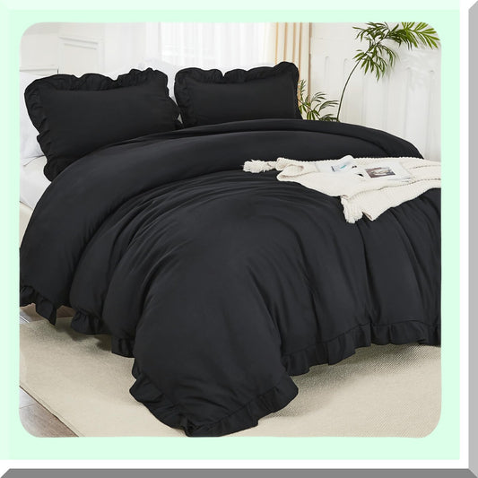 Ruffle Black Farmhouse Comforter Set - Soft Lightweight Fluffy Bedding Set - All Season Microfiber Bed Set - 3 Piece Aesthetic Bed Set - 104x90In Comforter - 2 Pillowcases