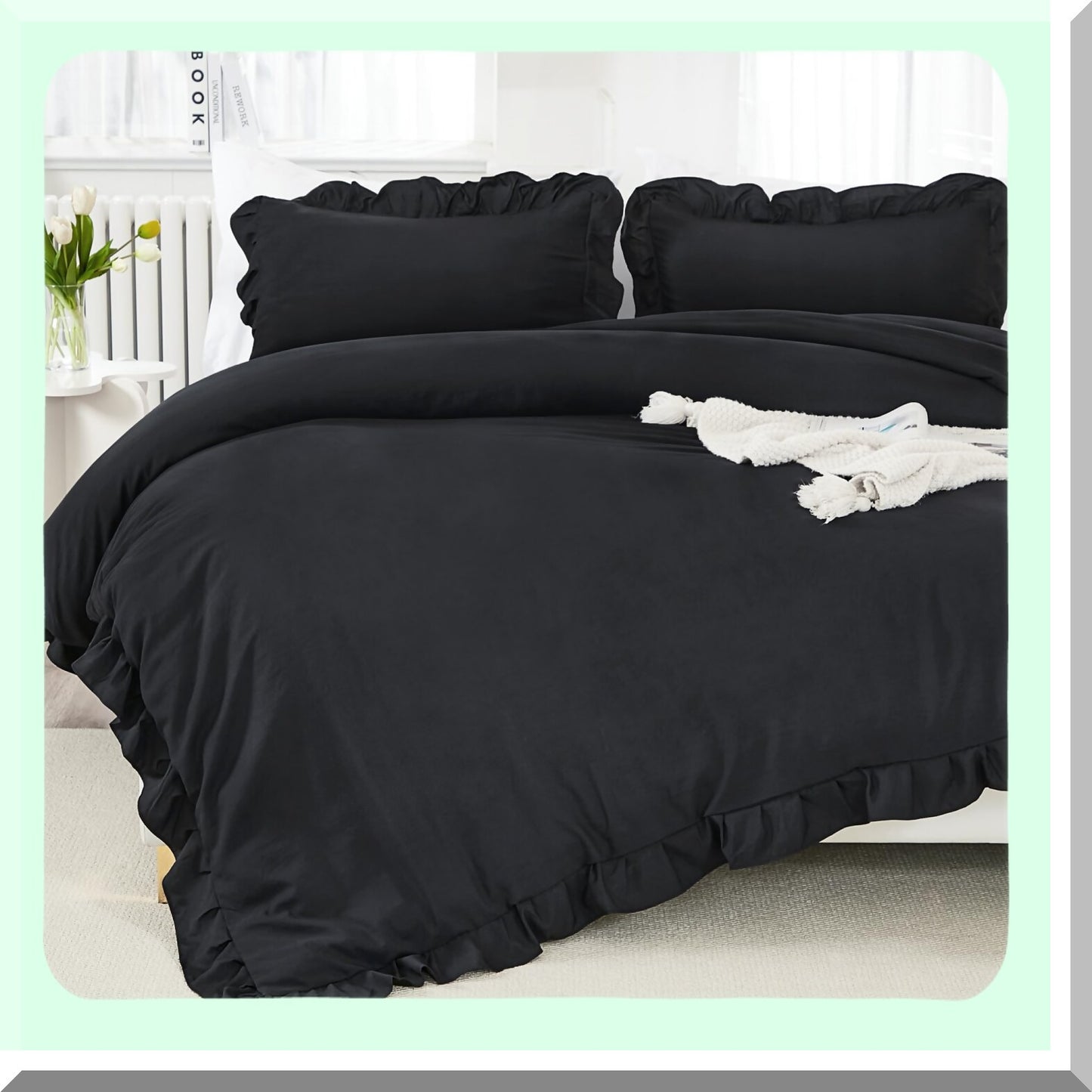 Ruffle Black Farmhouse Comforter Set - Soft Lightweight Fluffy Bedding Set - All Season Microfiber Bed Set - 3 Piece Aesthetic Bed Set - 104x90In Comforter - 2 Pillowcases