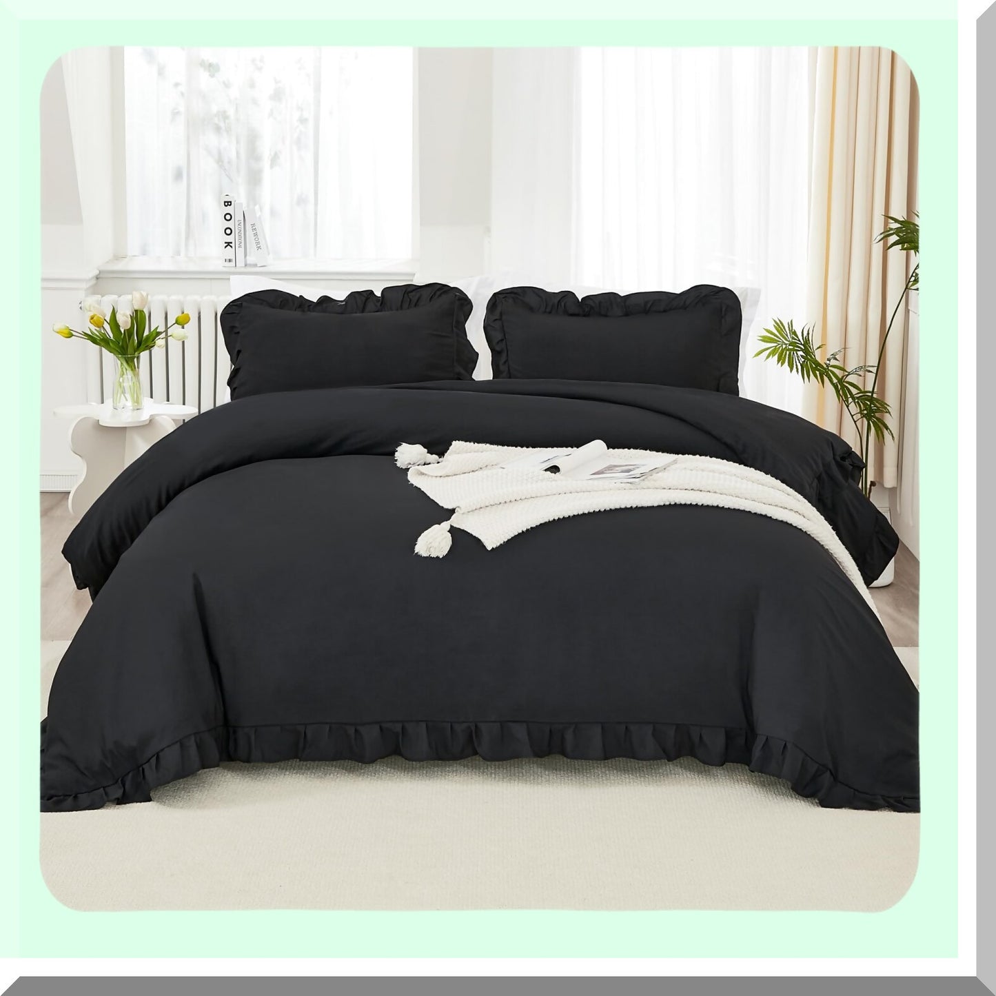 Ruffle Black Farmhouse Comforter Set - Soft Lightweight Fluffy Bedding Set - All Season Microfiber Bed Set - 3 Piece Aesthetic Bed Set - 104x90In Comforter - 2 Pillowcases