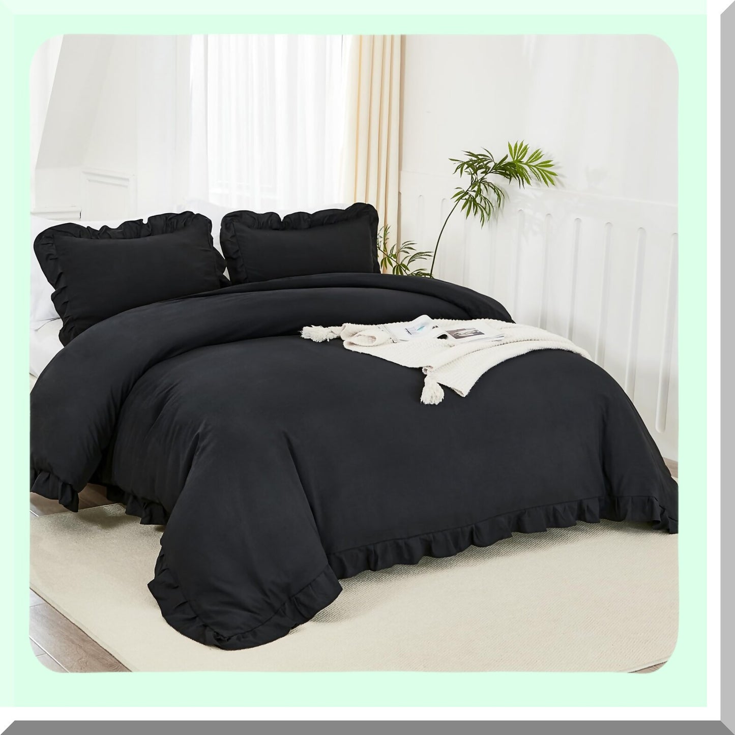 Ruffle Black Farmhouse Comforter Set - Soft Lightweight Fluffy Bedding Set - All Season Microfiber Bed Set - 3 Piece Aesthetic Bed Set - 104x90In Comforter - 2 Pillowcases