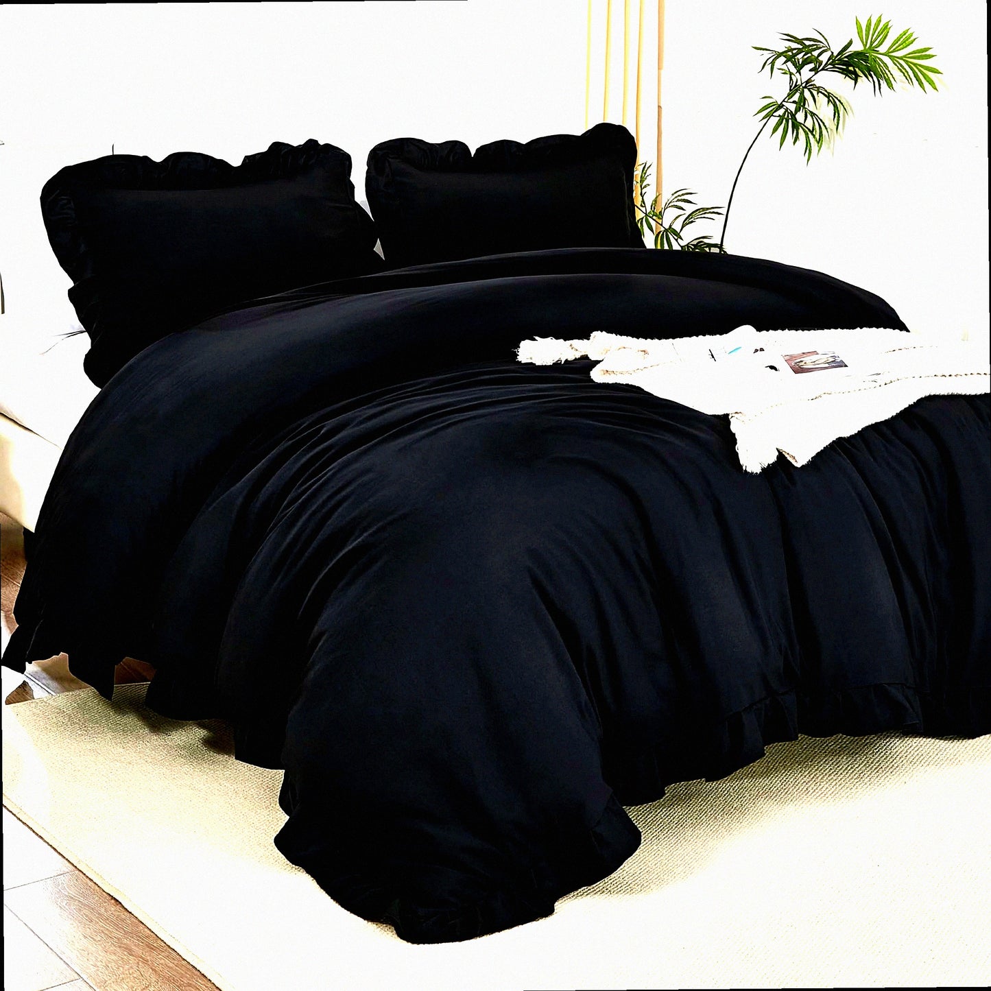 Ruffle Black Farmhouse Comforter Set - Soft Lightweight Fluffy Bedding Set - All Season Microfiber Bed Set - 3 Piece Aesthetic Bed Set - 104x90In Comforter - 2 Pillowcases