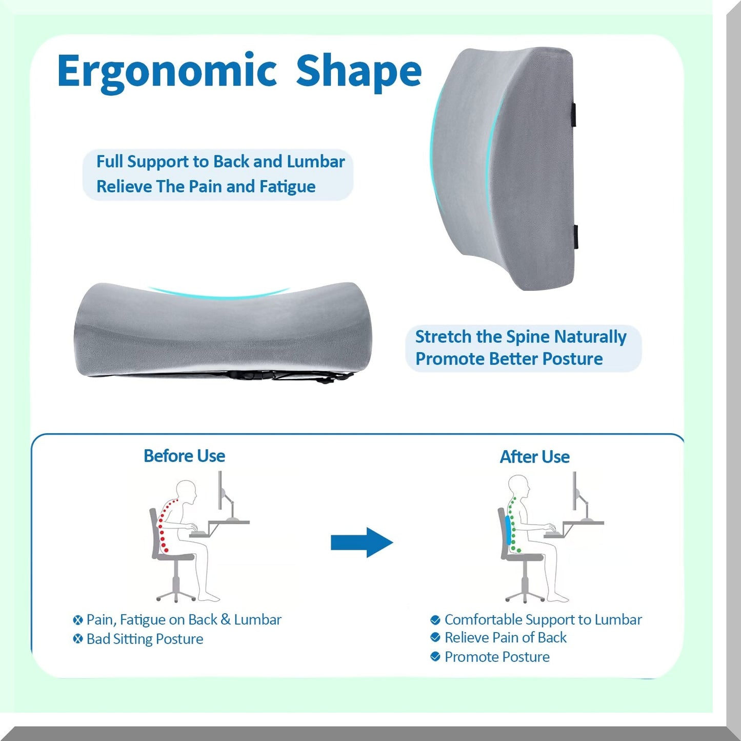 ErgoComfort Memory Foam Lumbar Support Pillow - Back Pain Relief & Posture Improvement - Double Adjustable Straps for Office, Car, Gaming Chair - Grey