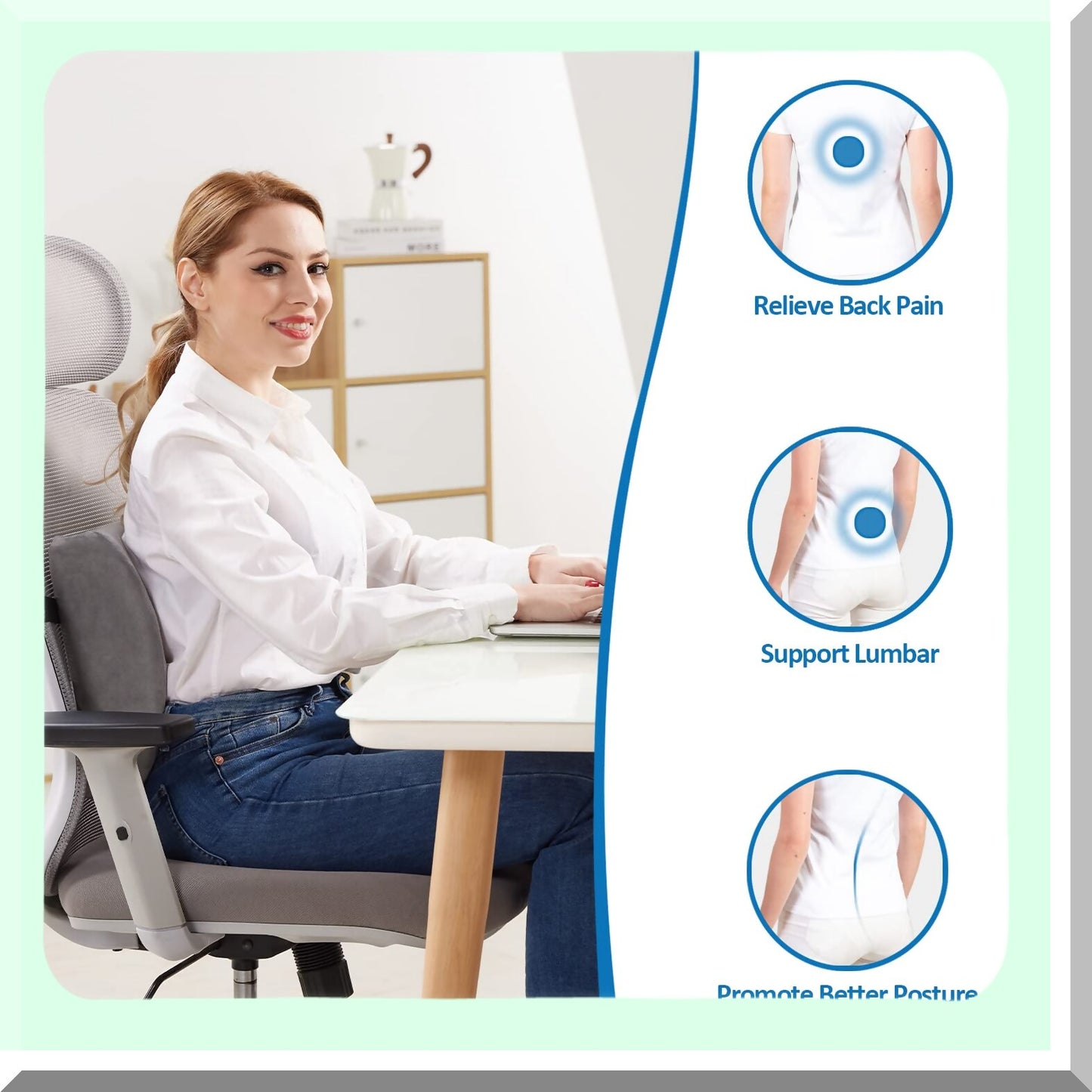 ErgoComfort Memory Foam Lumbar Support Pillow - Back Pain Relief & Posture Improvement - Double Adjustable Straps for Office, Car, Gaming Chair - Grey