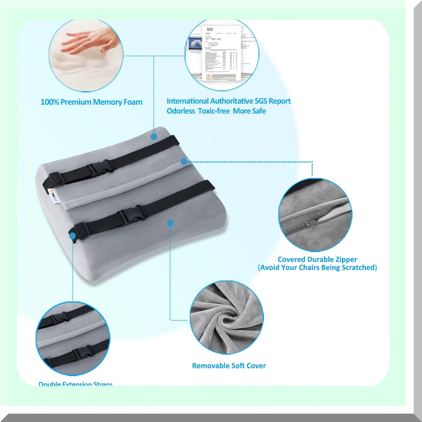 ErgoComfort Memory Foam Lumbar Support Pillow - Back Pain Relief & Posture Improvement - Double Adjustable Straps for Office, Car, Gaming Chair - Grey