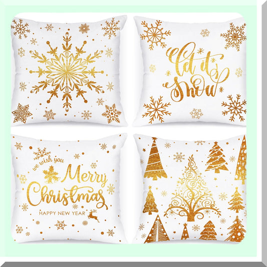 Luxury Gold Accent Holiday Pillow Covers - Set of 4 | White & Gold 18x18 Decorative Cushion Cases for Xmas Home Decor - Bedroom & Living Room Couch Accessories