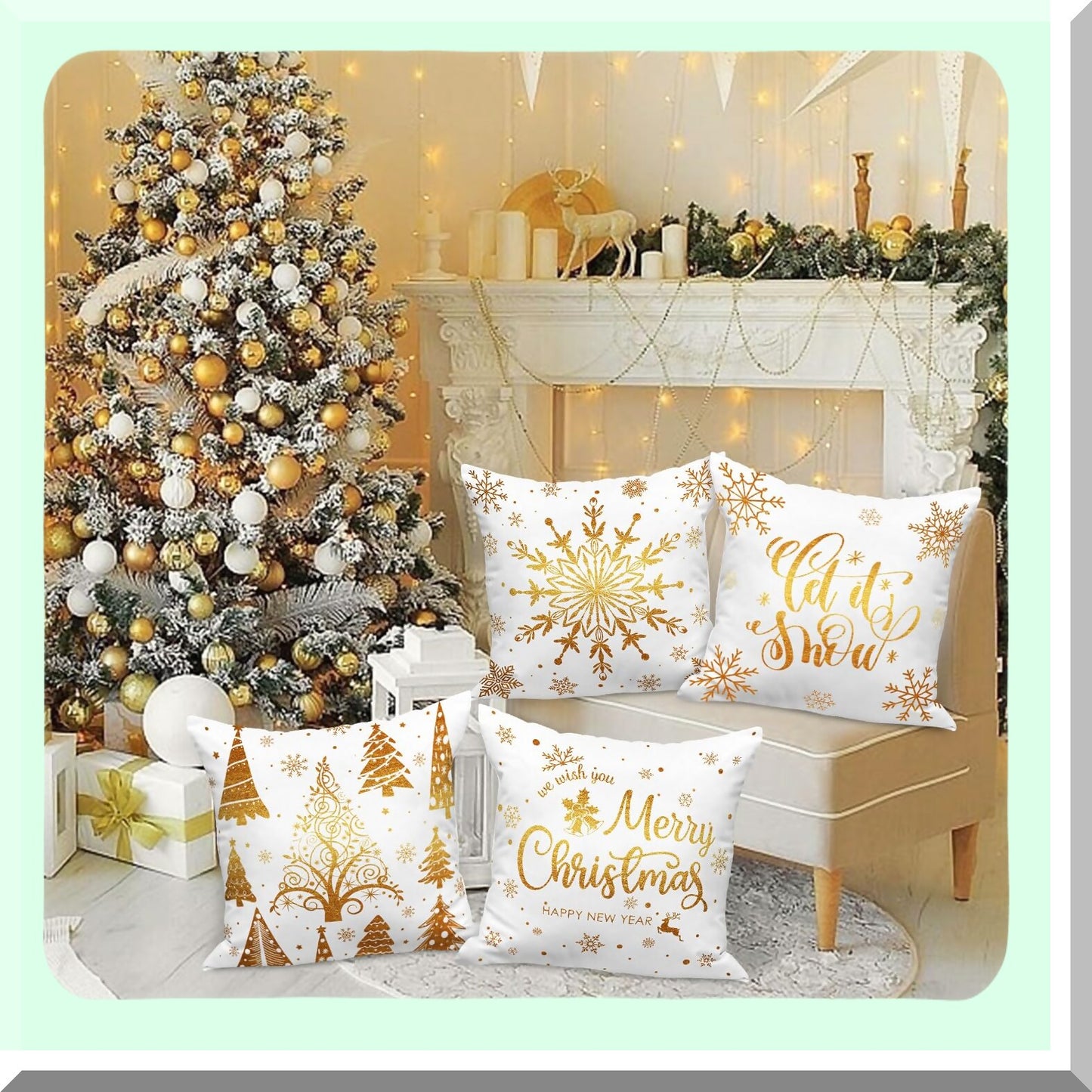 Luxury Gold Accent Holiday Pillow Covers - Set of 4 | White & Gold 18x18 Decorative Cushion Cases for Xmas Home Decor - Bedroom & Living Room Couch Accessories