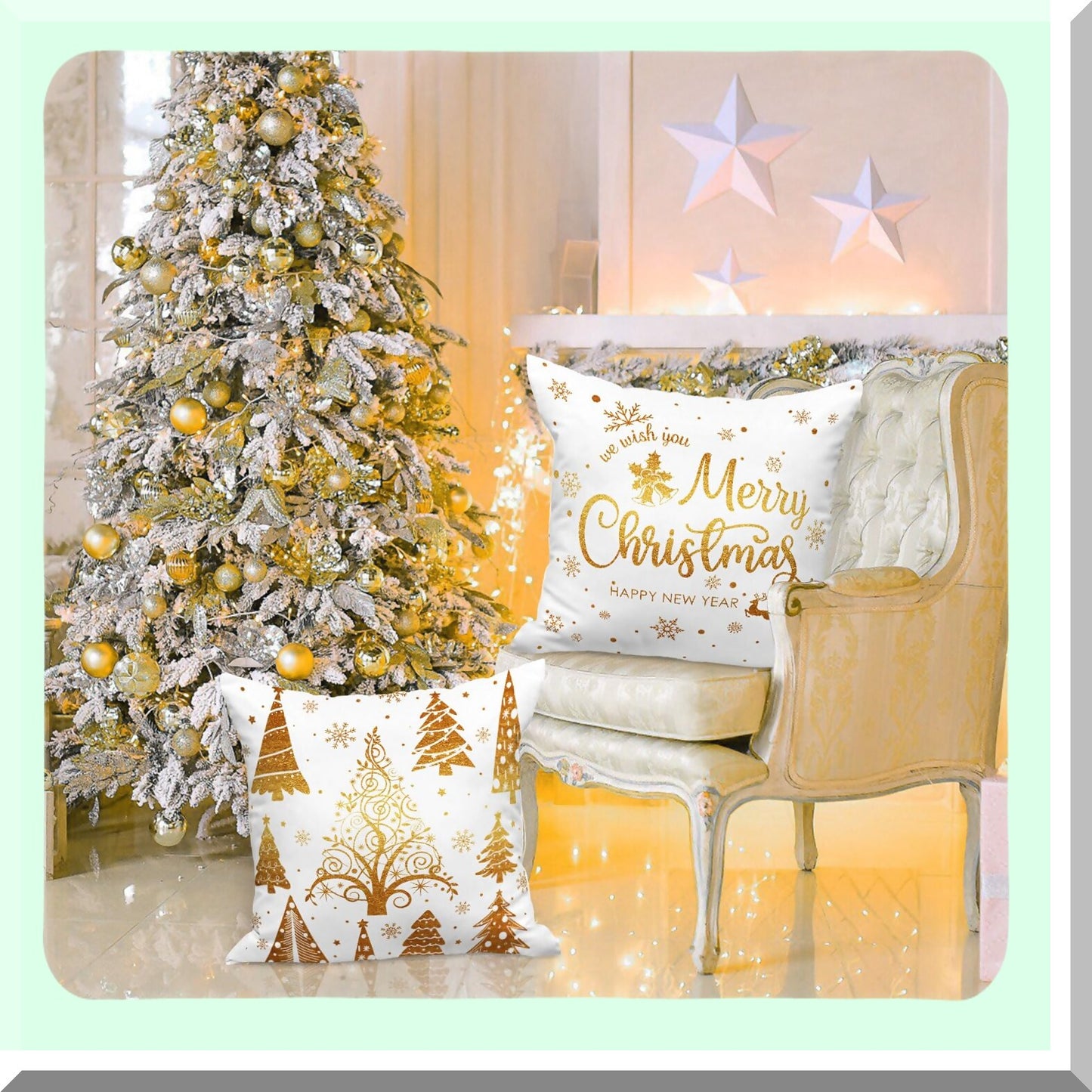 Luxury Gold Accent Holiday Pillow Covers - Set of 4 | White & Gold 18x18 Decorative Cushion Cases for Xmas Home Decor - Bedroom & Living Room Couch Accessories