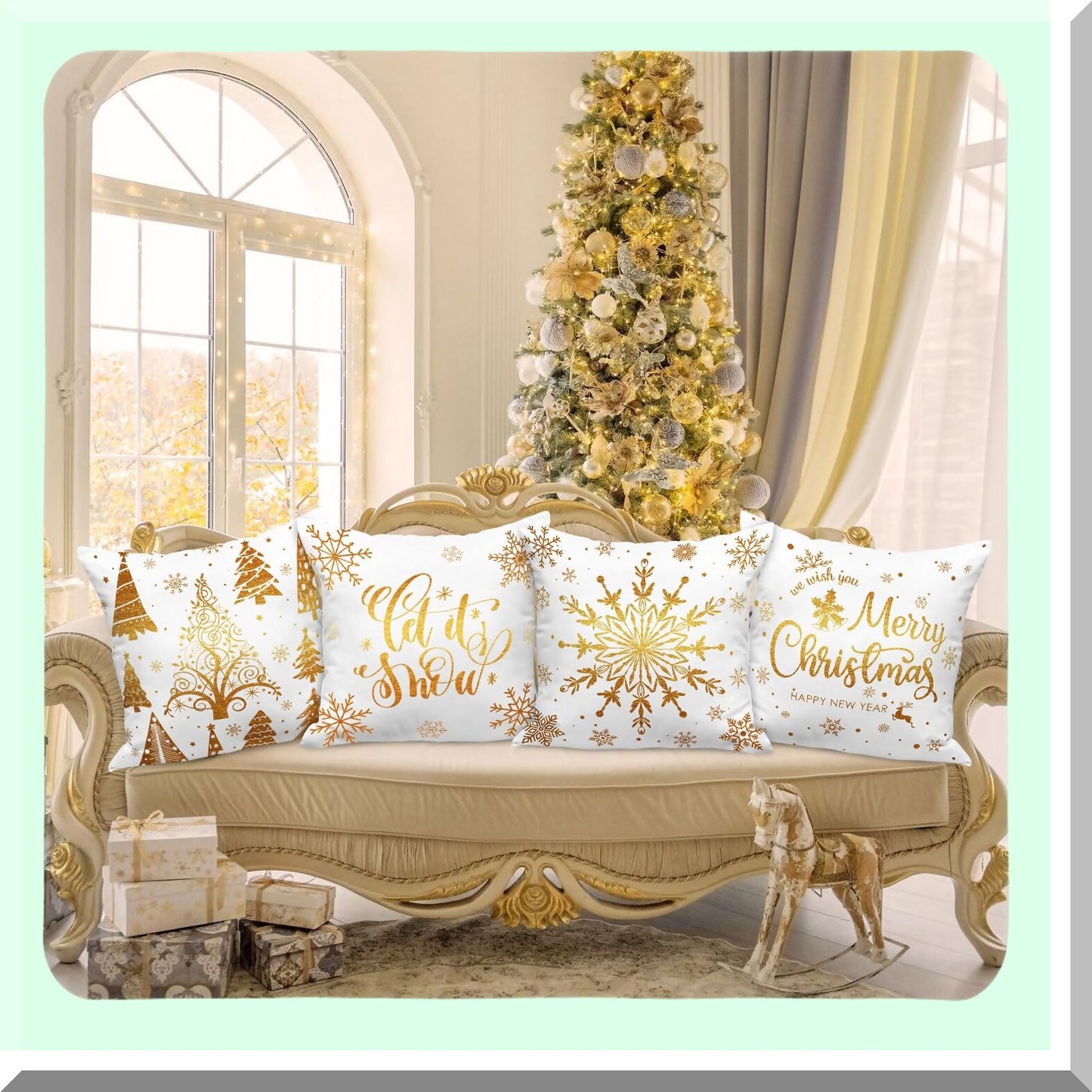 Luxury Gold Accent Holiday Pillow Covers - Set of 4 | White & Gold 18x18 Decorative Cushion Cases for Xmas Home Decor - Bedroom & Living Room Couch Accessories