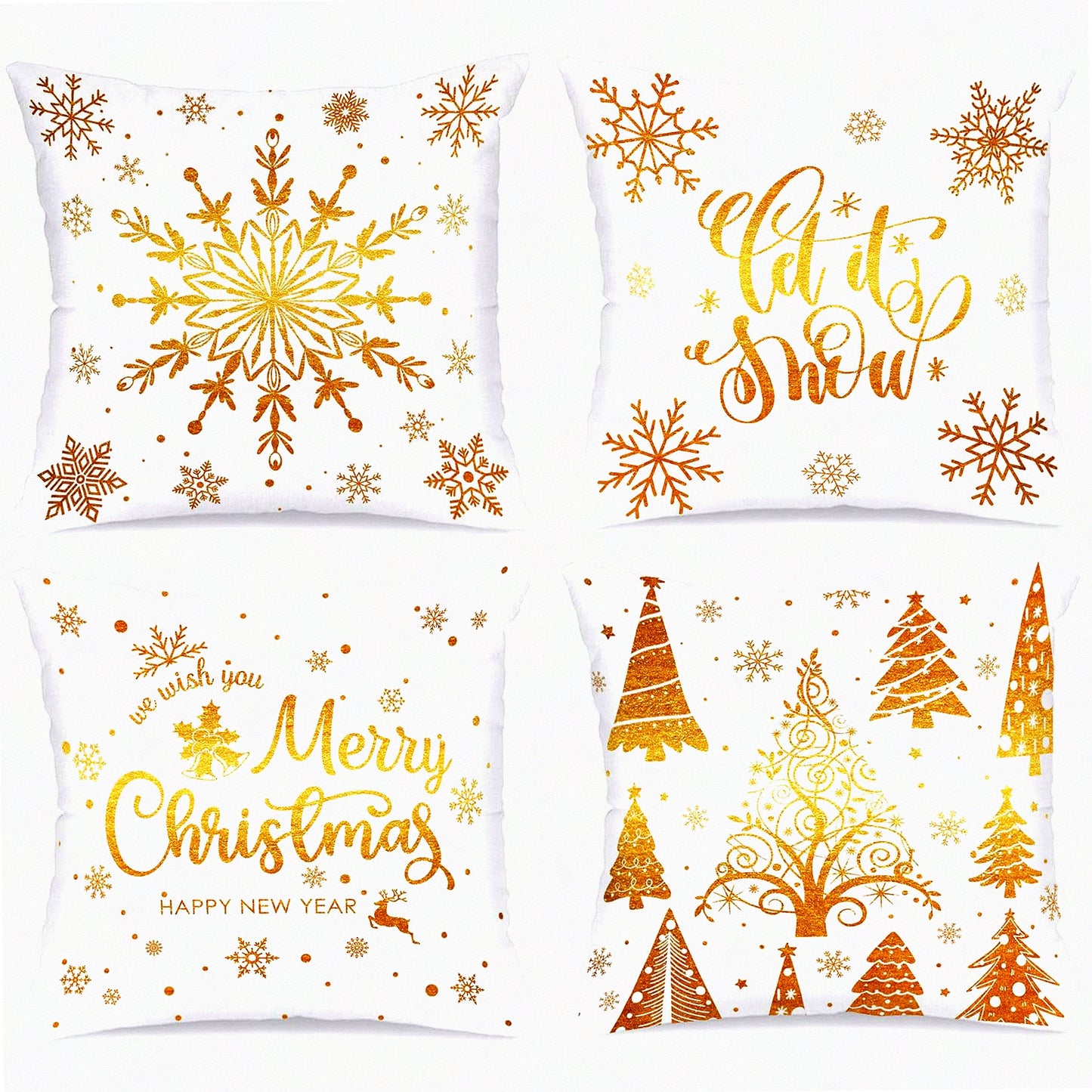 Luxury Gold Accent Holiday Pillow Covers - Set of 4 | White & Gold 18x18 Decorative Cushion Cases for Xmas Home Decor - Bedroom & Living Room Couch Accessories