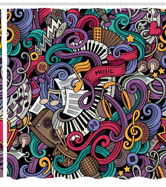 Music Instruments Doodle Shower Curtain 105" Coral Purple