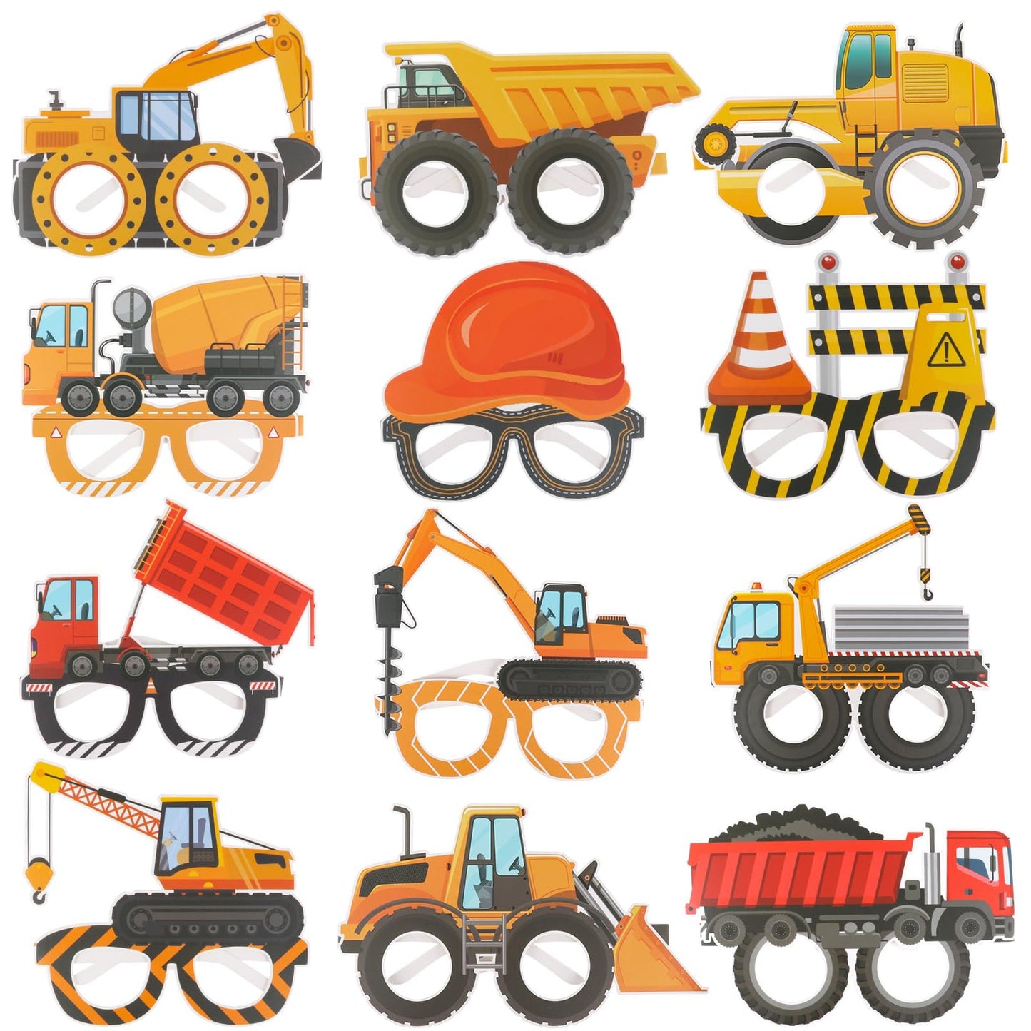 Construction Party Pack - 12 Pcs Construction Birthday Supplies, Dump Truck & Excavator Decorations, Photo Booth Props for Boys & Adults.