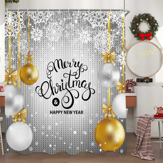 Merry Shower Curtain Gold White Silver Balls Snowflakes 69x70in