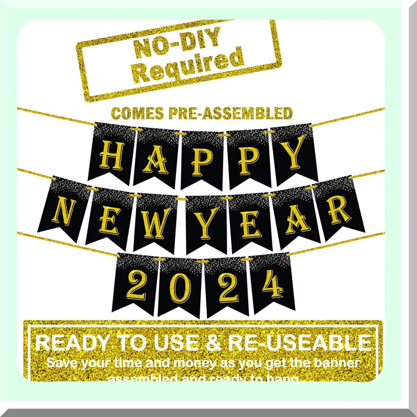 Elegant Gold Glitter New Year Banner 2024 10 Feet