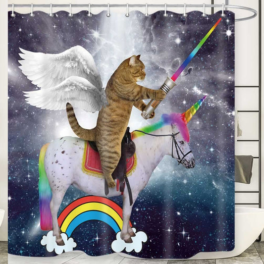 Funny Cat Shower Curtain with Unicorn Space Stars Rainbow