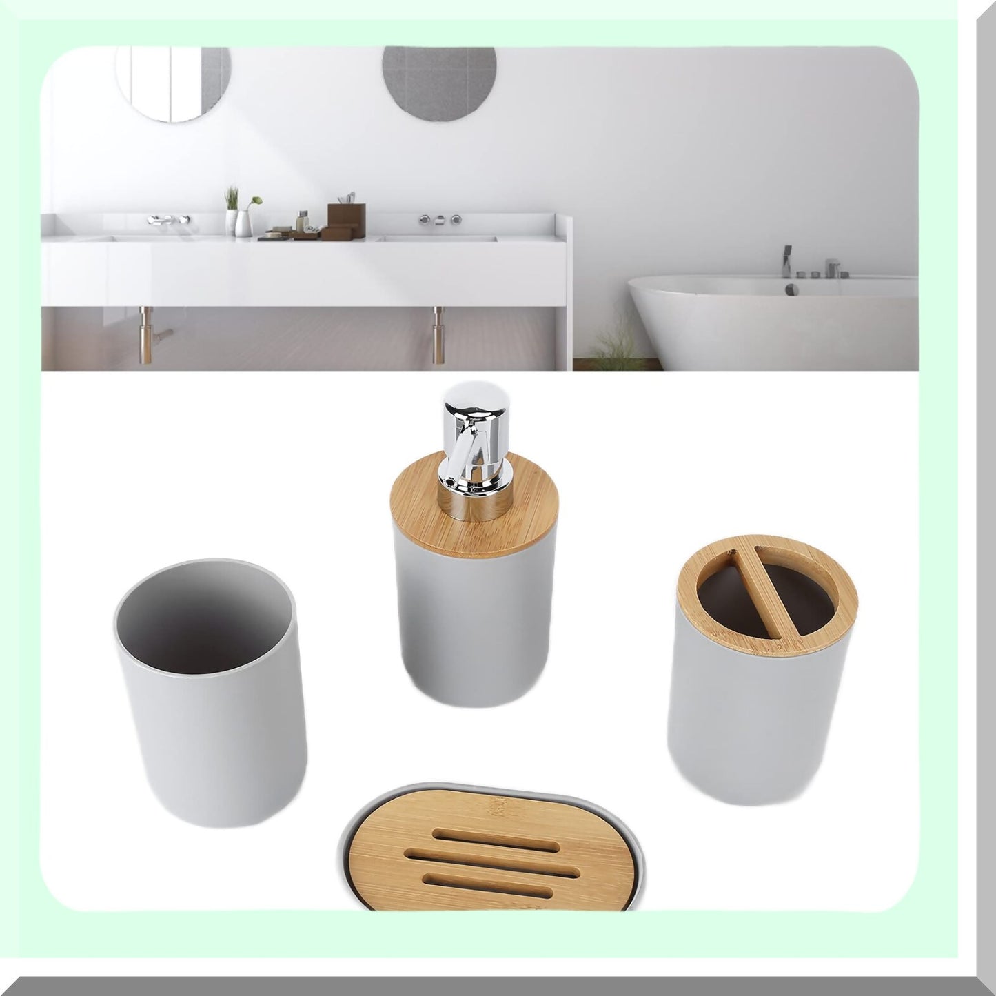 Bamboo Bathroom Accessories Set 4 Pcs Grey