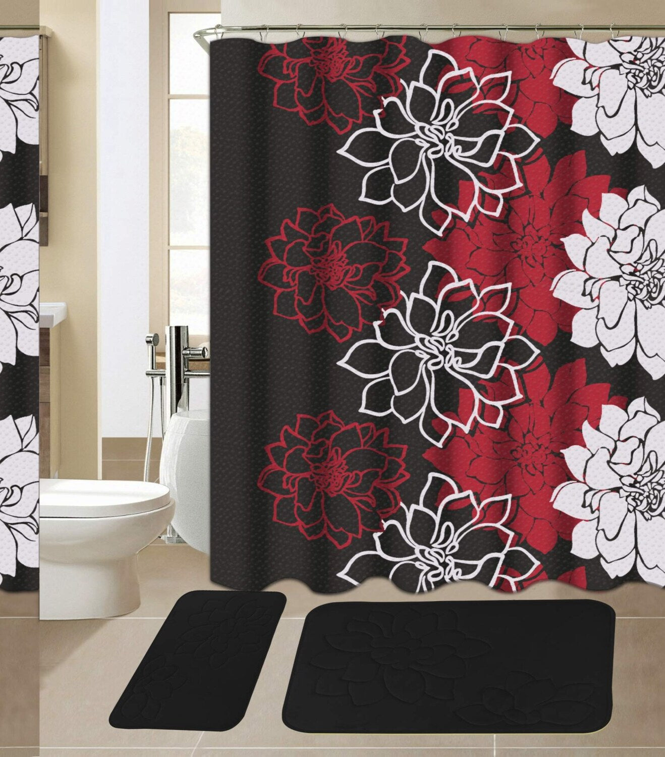 15-Piece Bathroom Set with Memory Foam Mats and Shower Curtain
