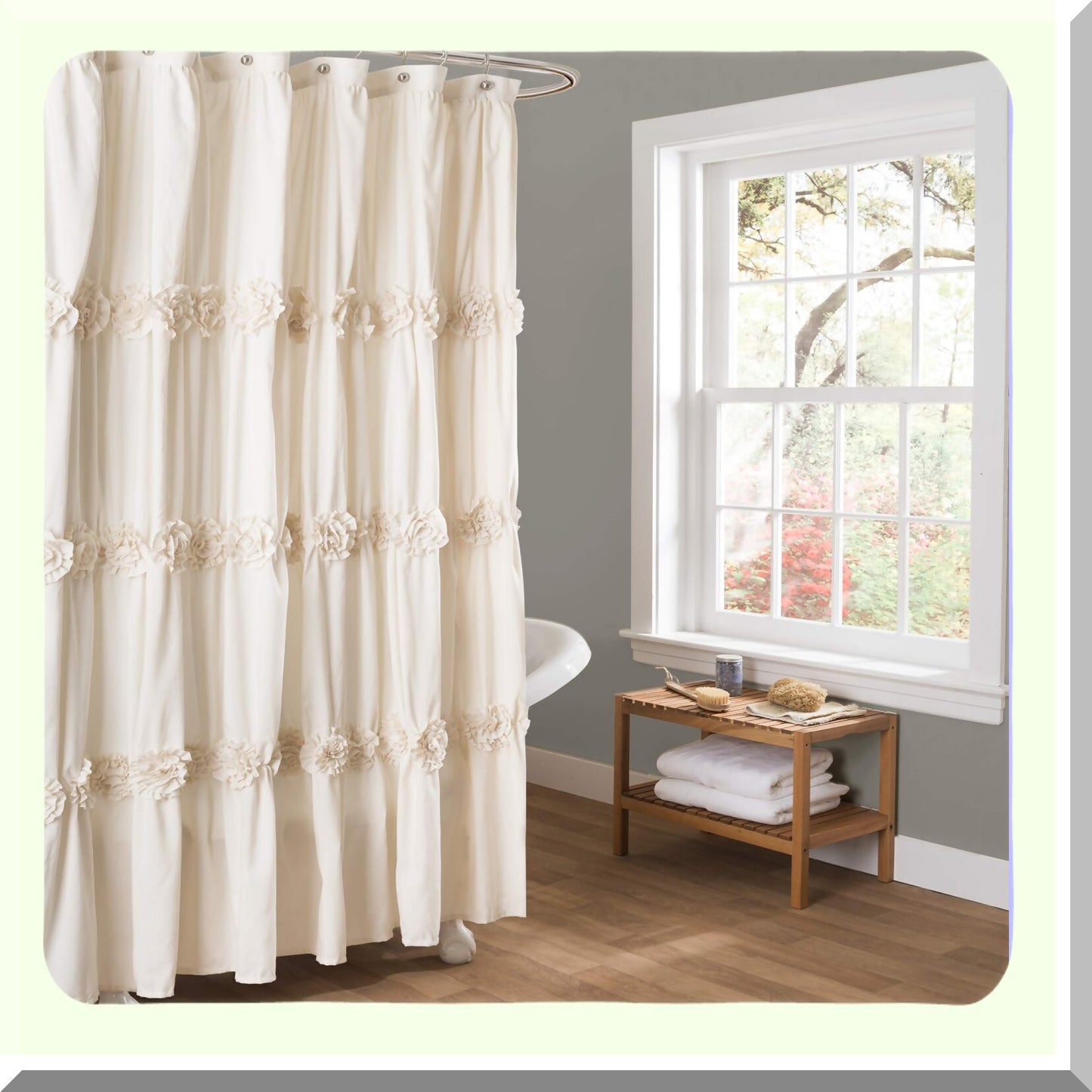 Darla Ruched Floral Bathroom Shower Curtain 72x72 Ivory