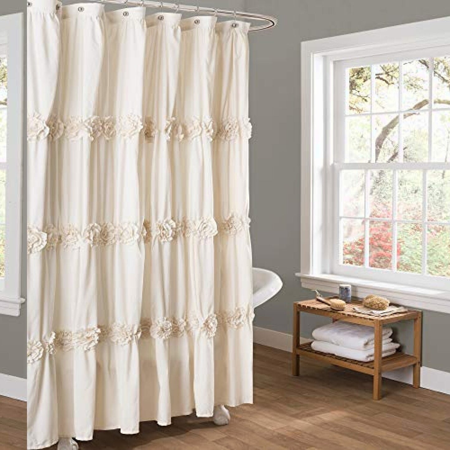 Darla Ruched Floral Bathroom Shower Curtain 72x72 Ivory