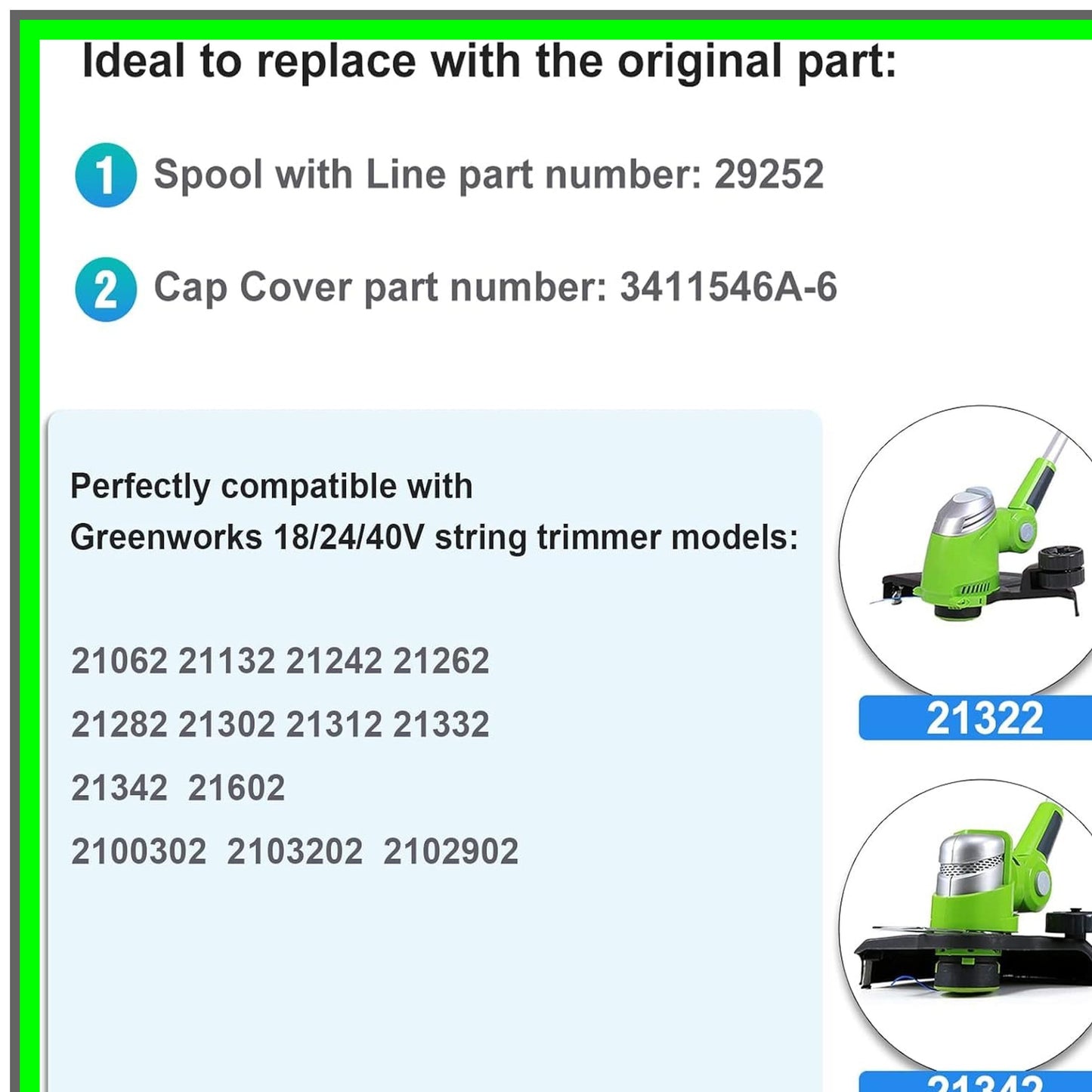 Greenworks Trimmer String Replacement Kit with 8 Spools and Cap