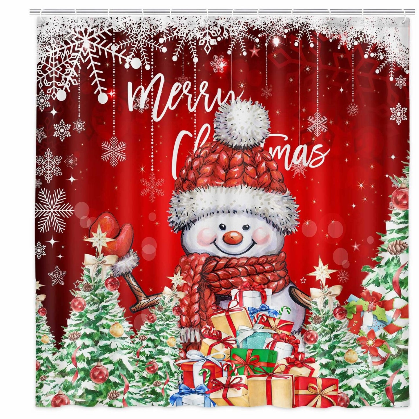 Snowman Shower Curtain 69x70in Red Waterproof Fabric
