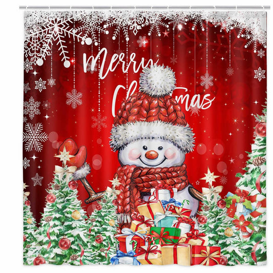 Snowman Shower Curtain 69x70in Red Waterproof Fabric
