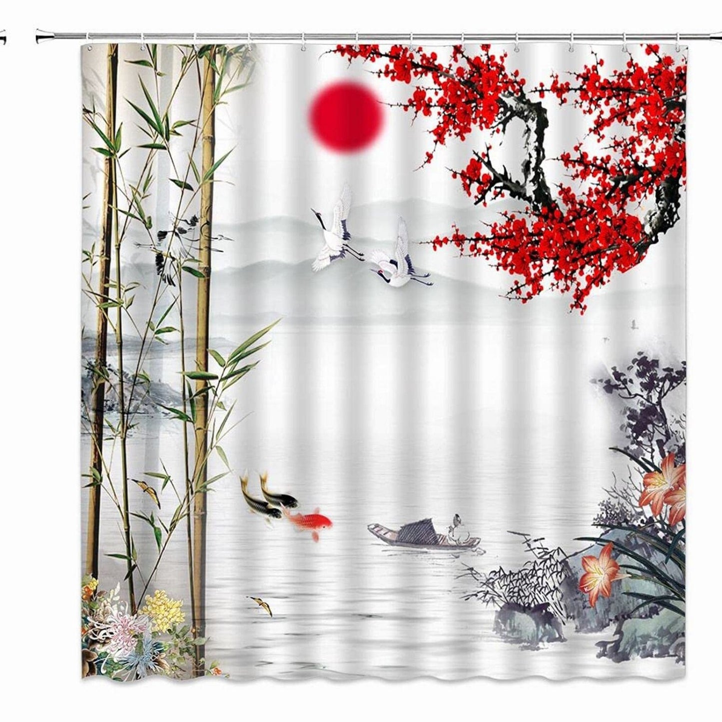 Asian Shower Curtain Red Plum Blossom Bamboo Koi Fish Crane
